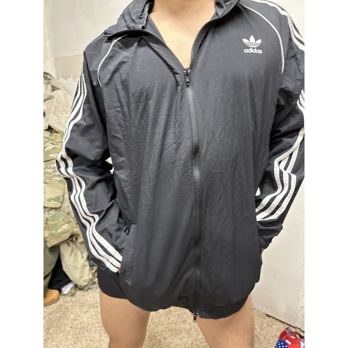 Adidas Men's Full Zip Hoodie Black /White Stripe