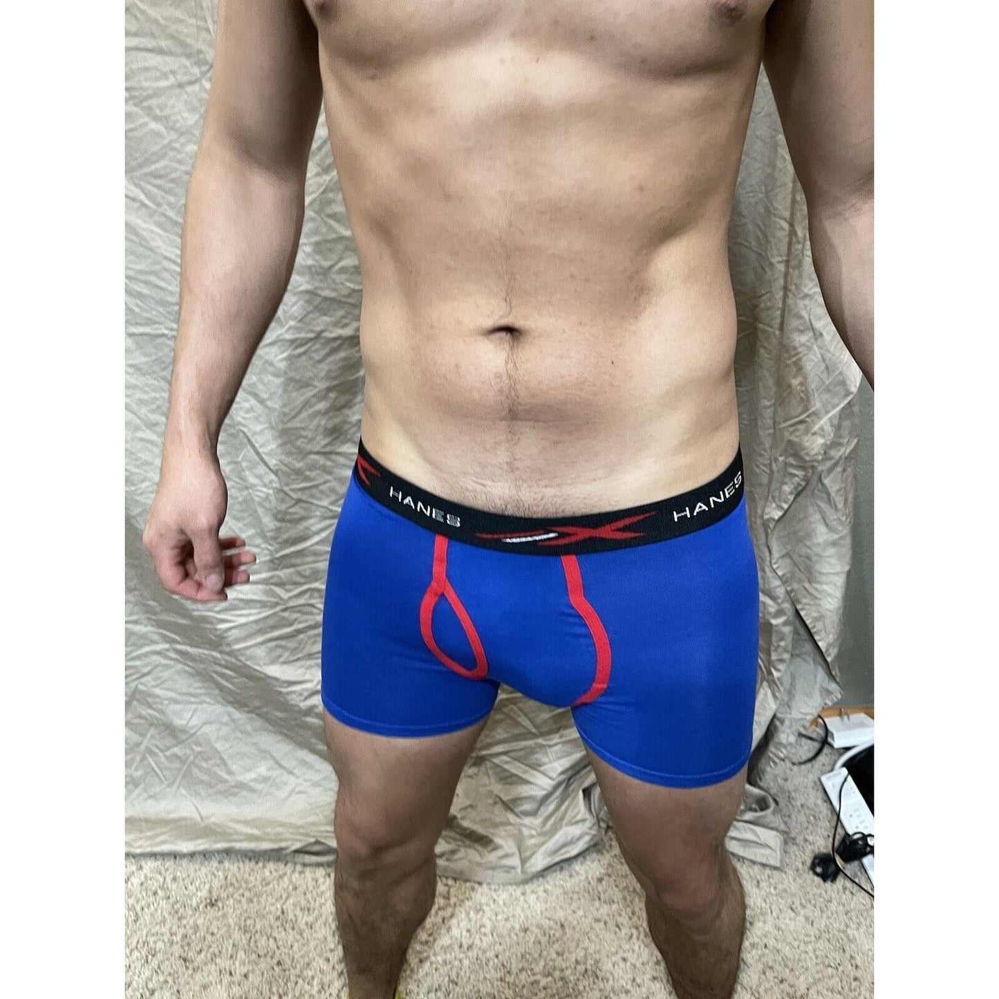 boy's teen large hanes x-temp blue and red compression boxer shorts
