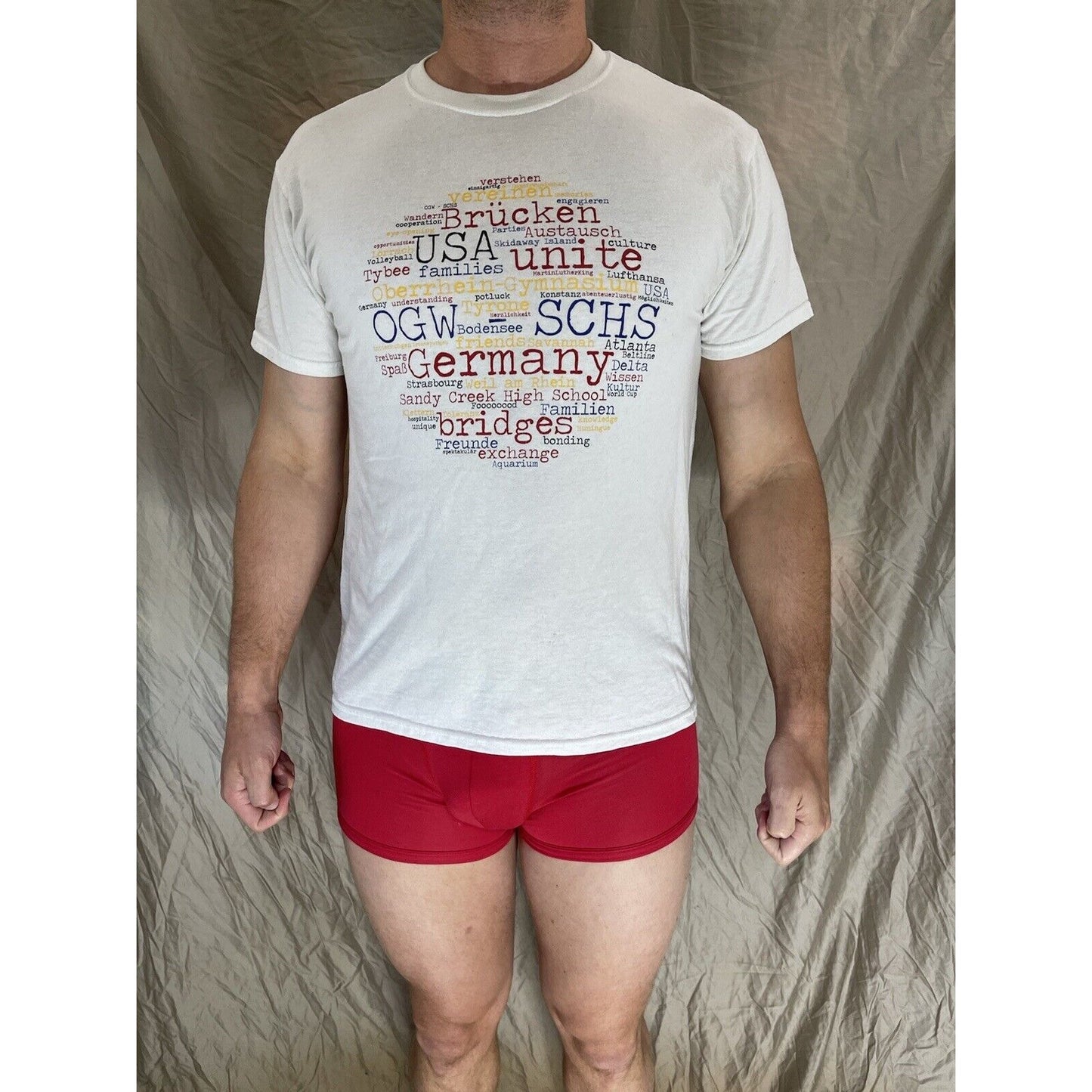 men's jerzees white medium german words t-shirt short sleeve Sandy Creek High