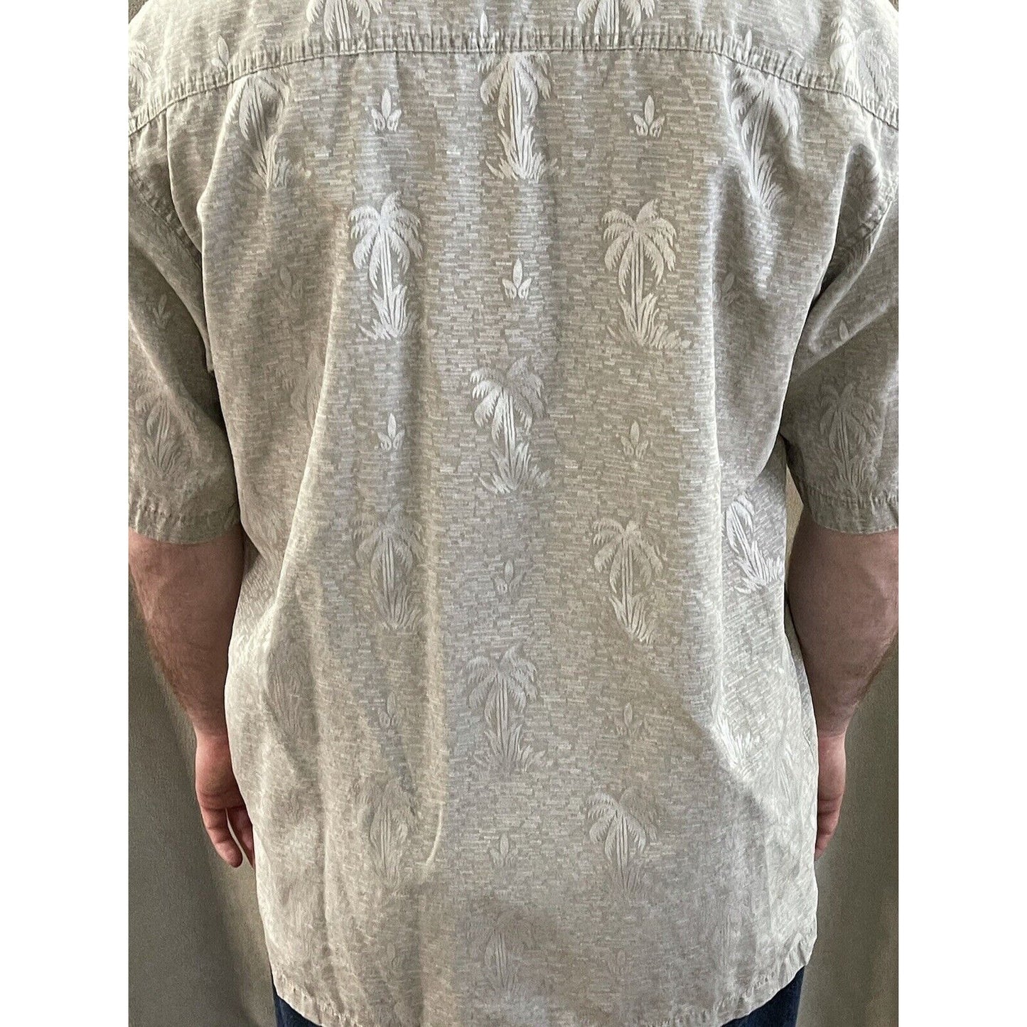 FADED GLORY MEN'S SZ L (42-44) Beige SHORT SLEEVE HAWAIIAN PALM TREES POCKET