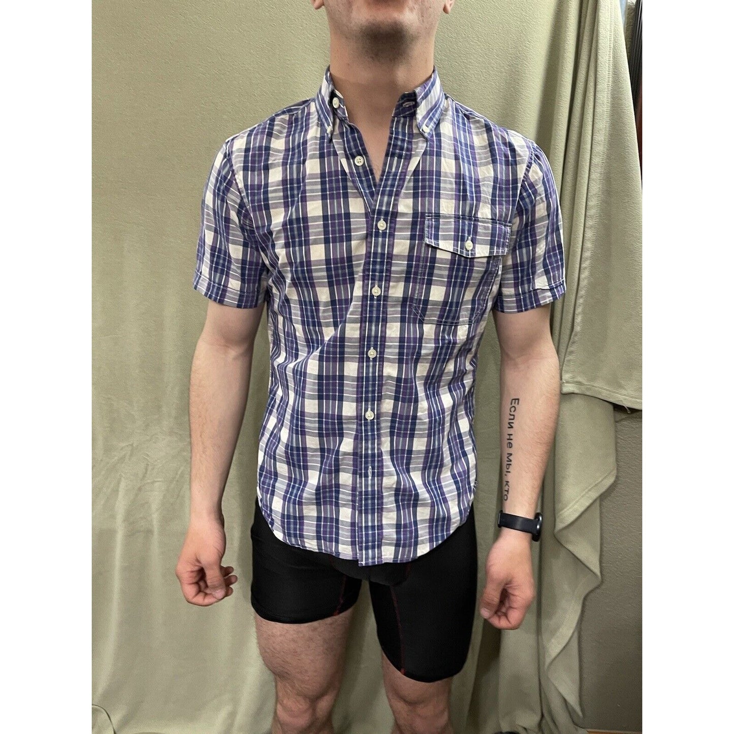 Banana Republic mens cotton Purple Plaid Short Sleeve Small Shirt Soft Wash