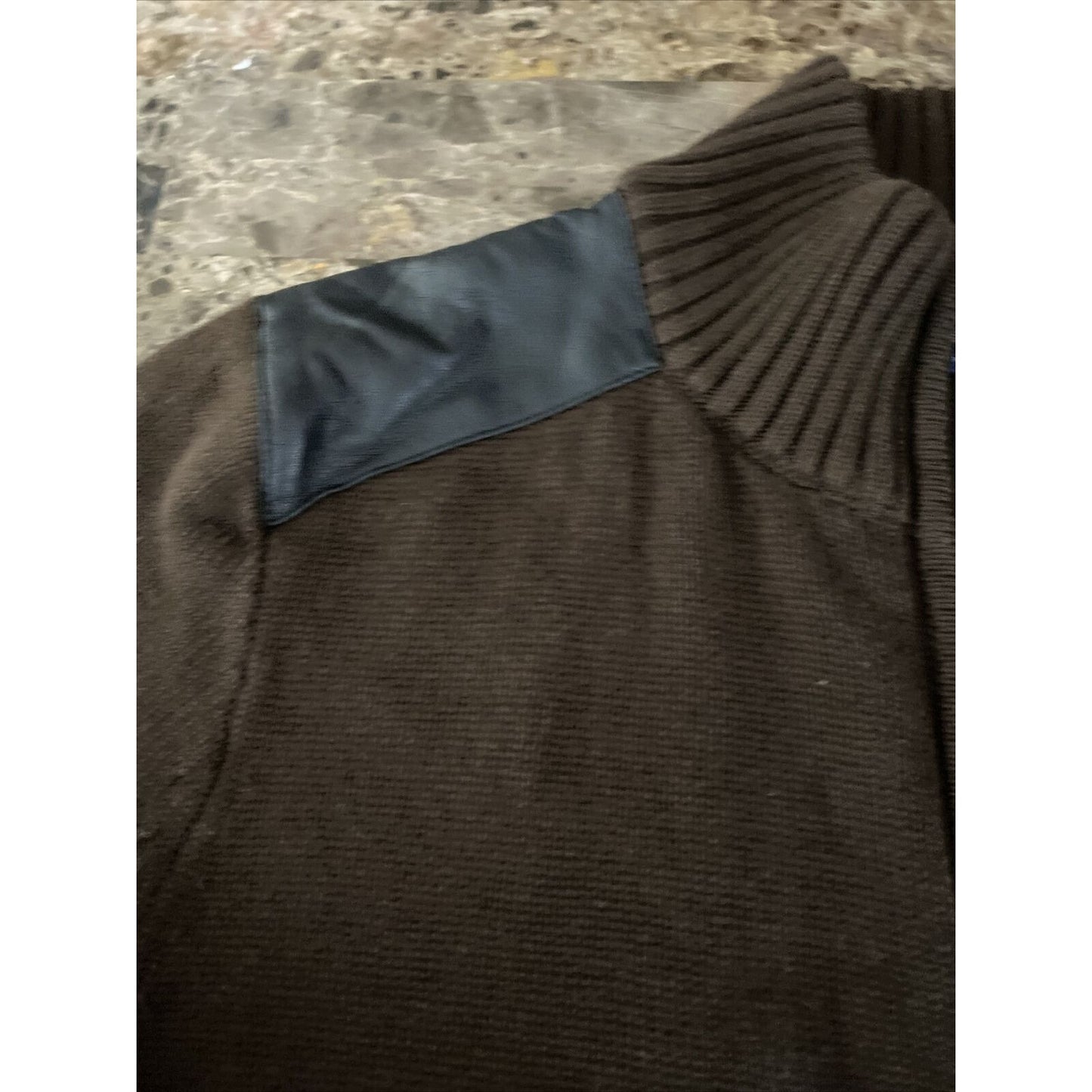 Chaps Men’s XL Chocolate Brown Full-zip Cotton Sweater w/ Black Leather Padding