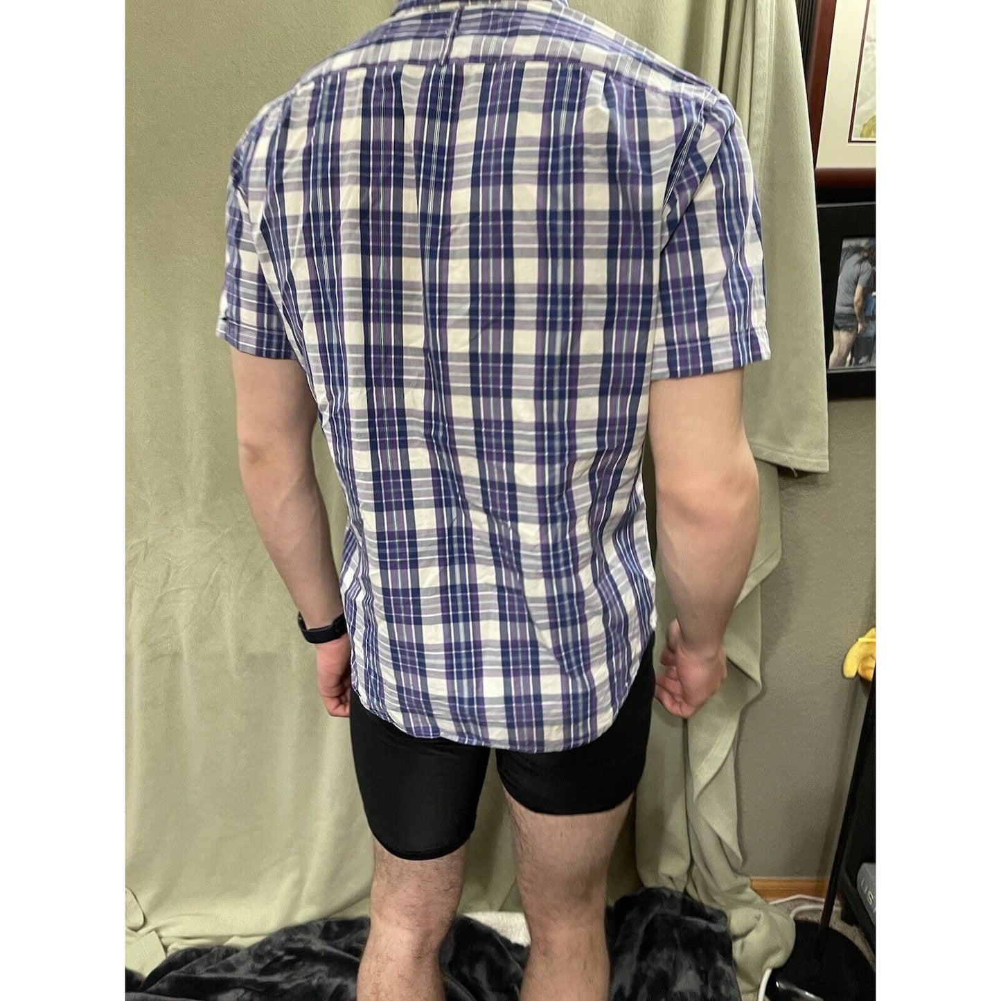 Banana Republic mens cotton Purple Plaid Short Sleeve Small Shirt Soft Wash