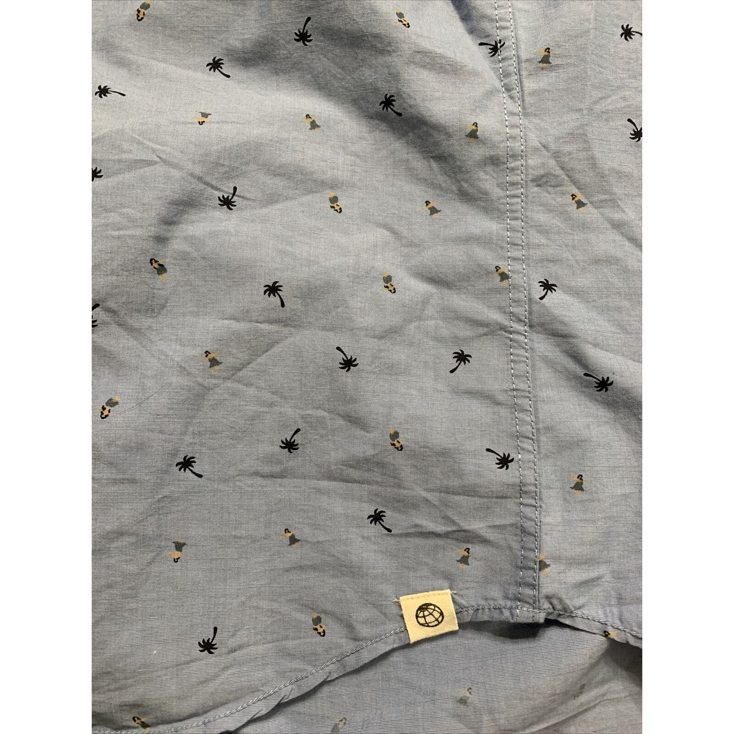 Free Planet Button Down Shirt Mens Small Palm Trees Aloha Hula Hawaiian Blue