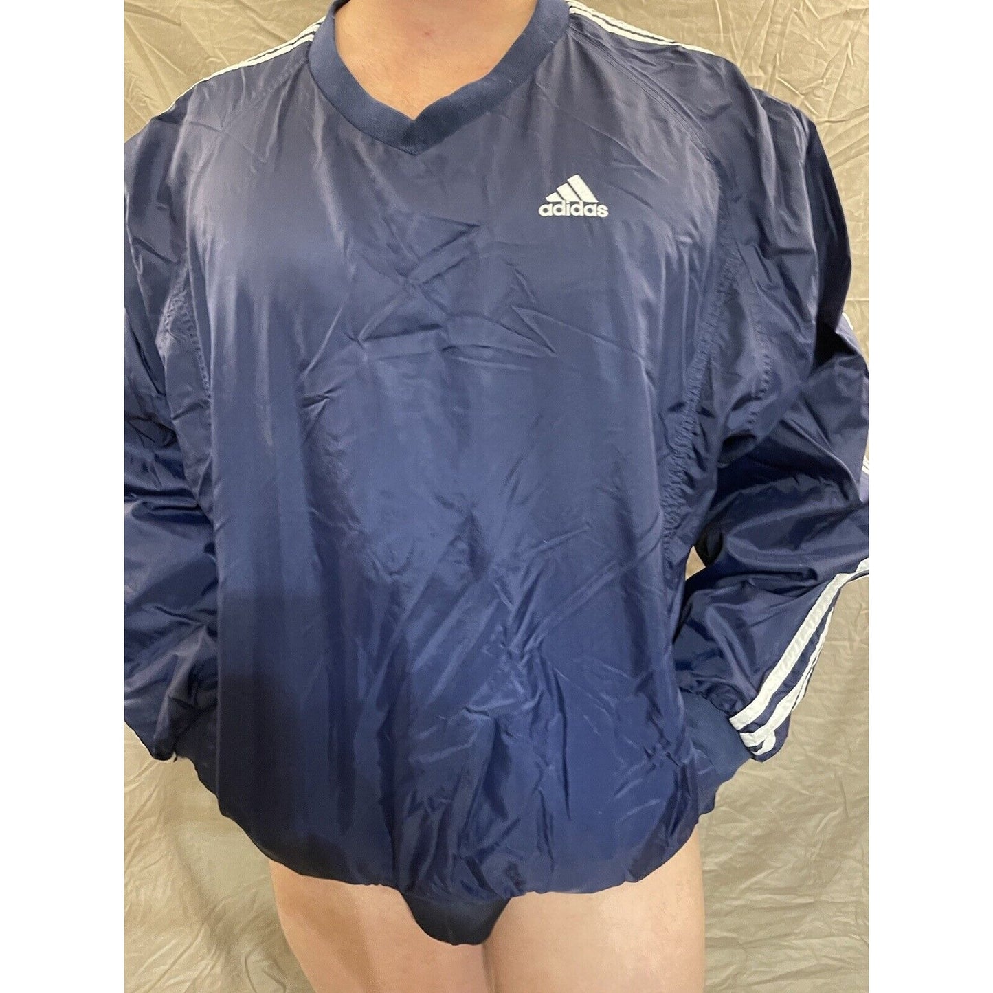 Blue Adidas Mens Team Windbreaker Sz. Large Striped Pullover