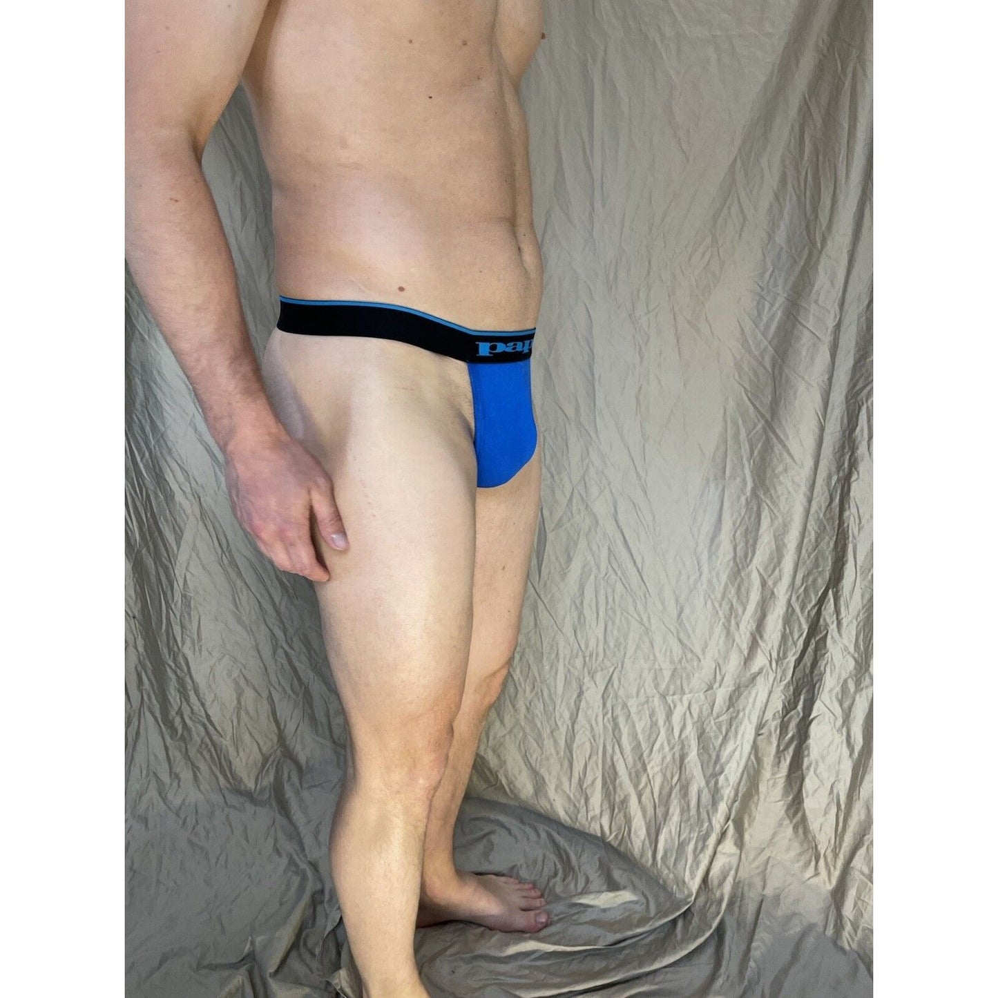 men's papi Royal Blue Thong with Aqua lettering Small