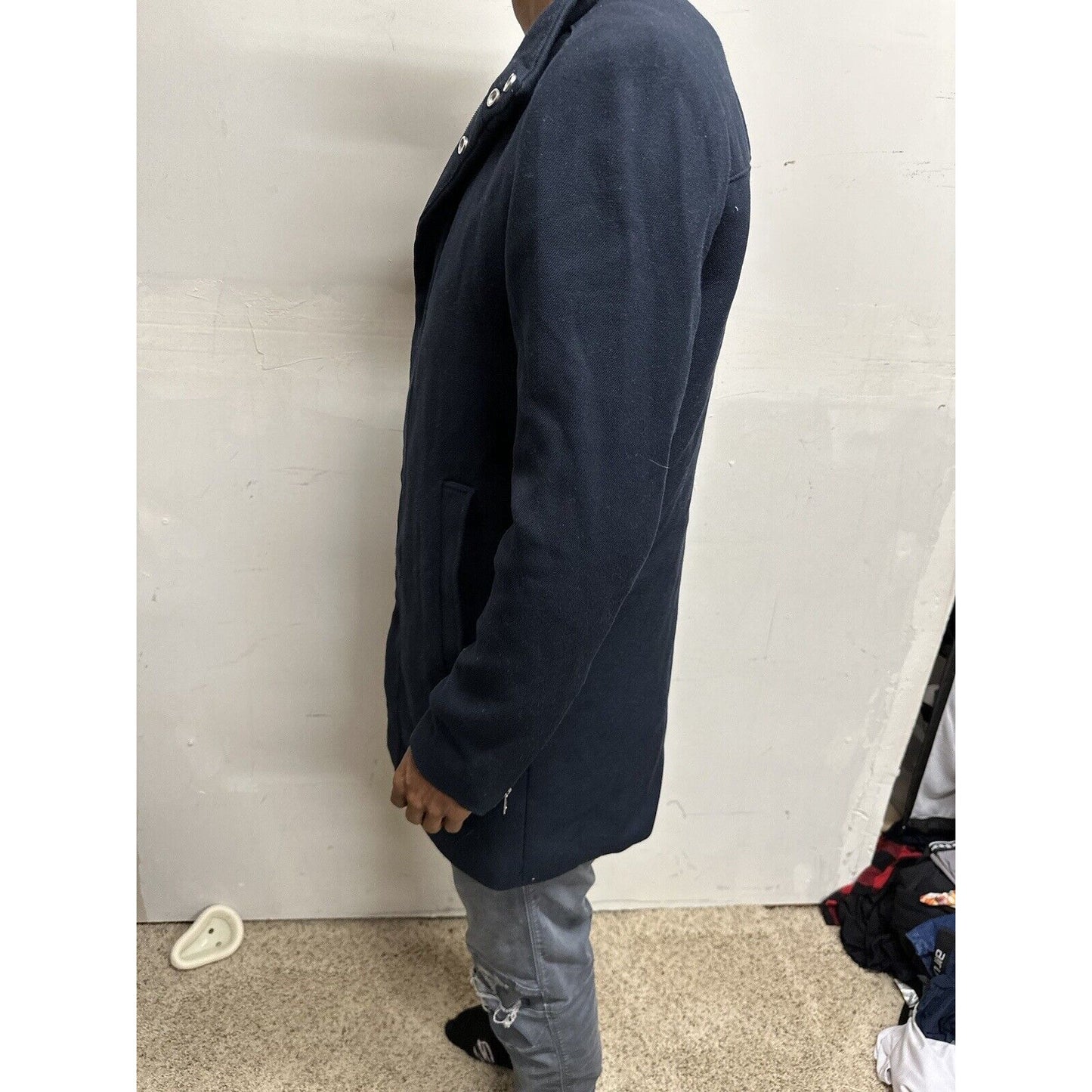 Men’s Dark Blue H&M 38R Zip Up And Snap Jacket Poly & Viscose