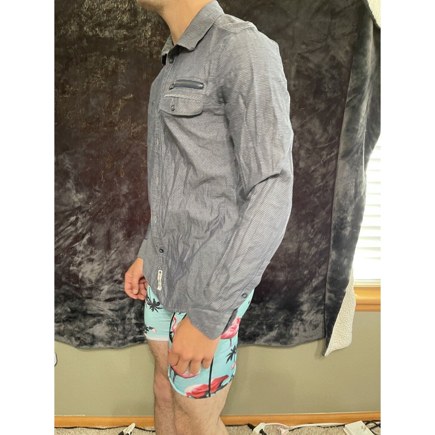Men’s Calvin Klein button up long sleeve dark Blue Shirt Zippered Pocket Medium