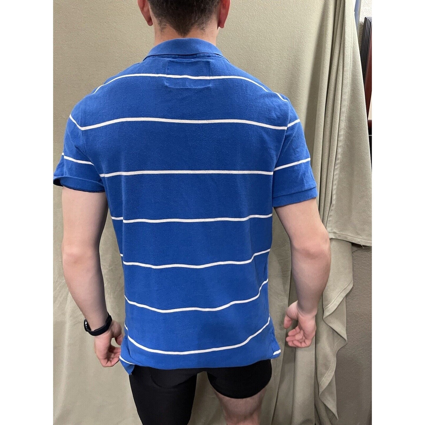 American Eagle Mens Polo Shirt Medium M Blue White Striped Short Sleeves Vintage