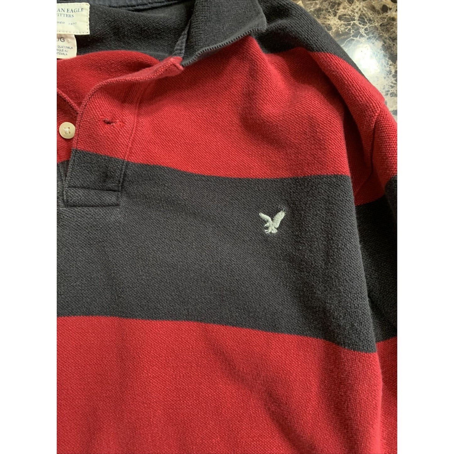 Mens American Eagle Logo Red & Black Striped Polo Short Sleeve Shirt Large