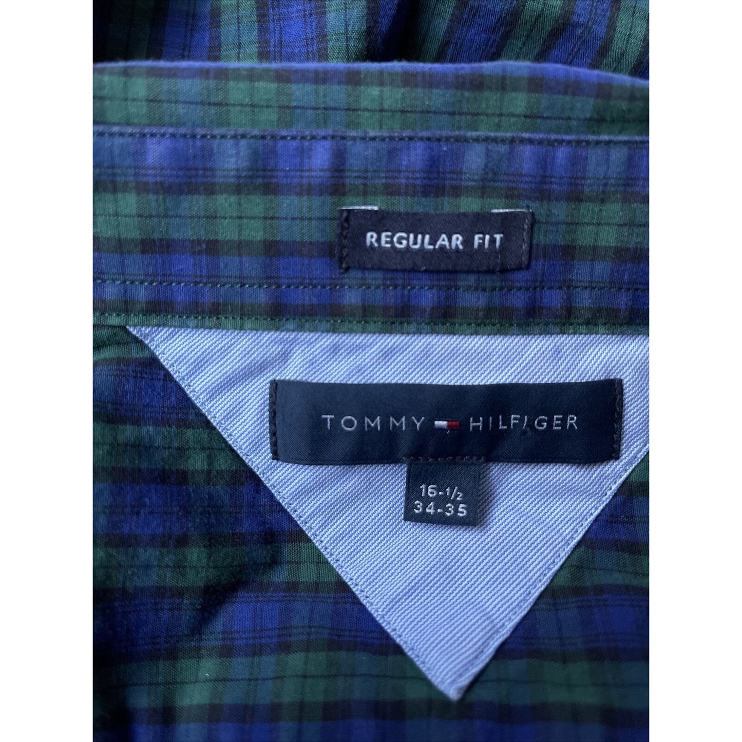 Men’s Tommy Hilfiger Button up plaid blue green regular fit 16.5 long sleeve