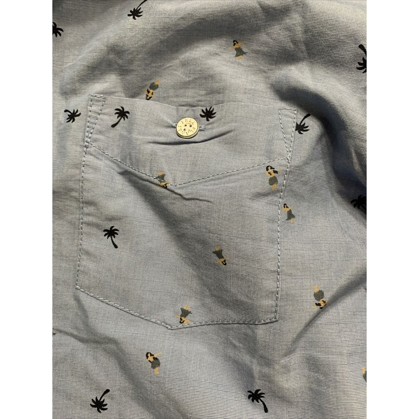 Free Planet Button Down Shirt Mens Small Palm Trees Aloha Hula Hawaiian Blue