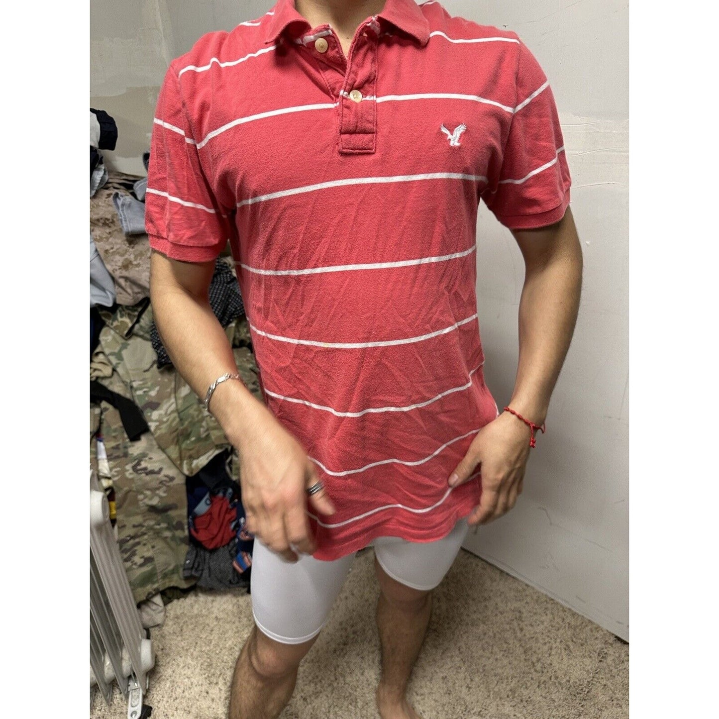 Men’s Vintage Fit American Eagle Polo Large Pink White Striped