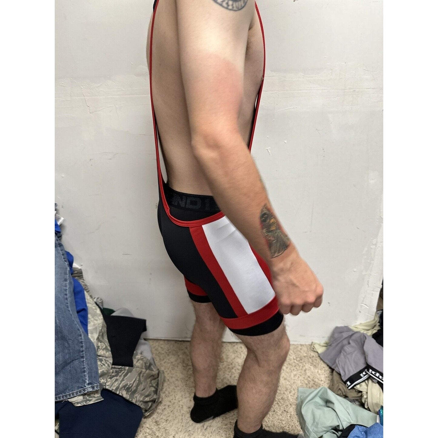 Men’s Tauwell Wrestling Singlet Black And Red With White Large