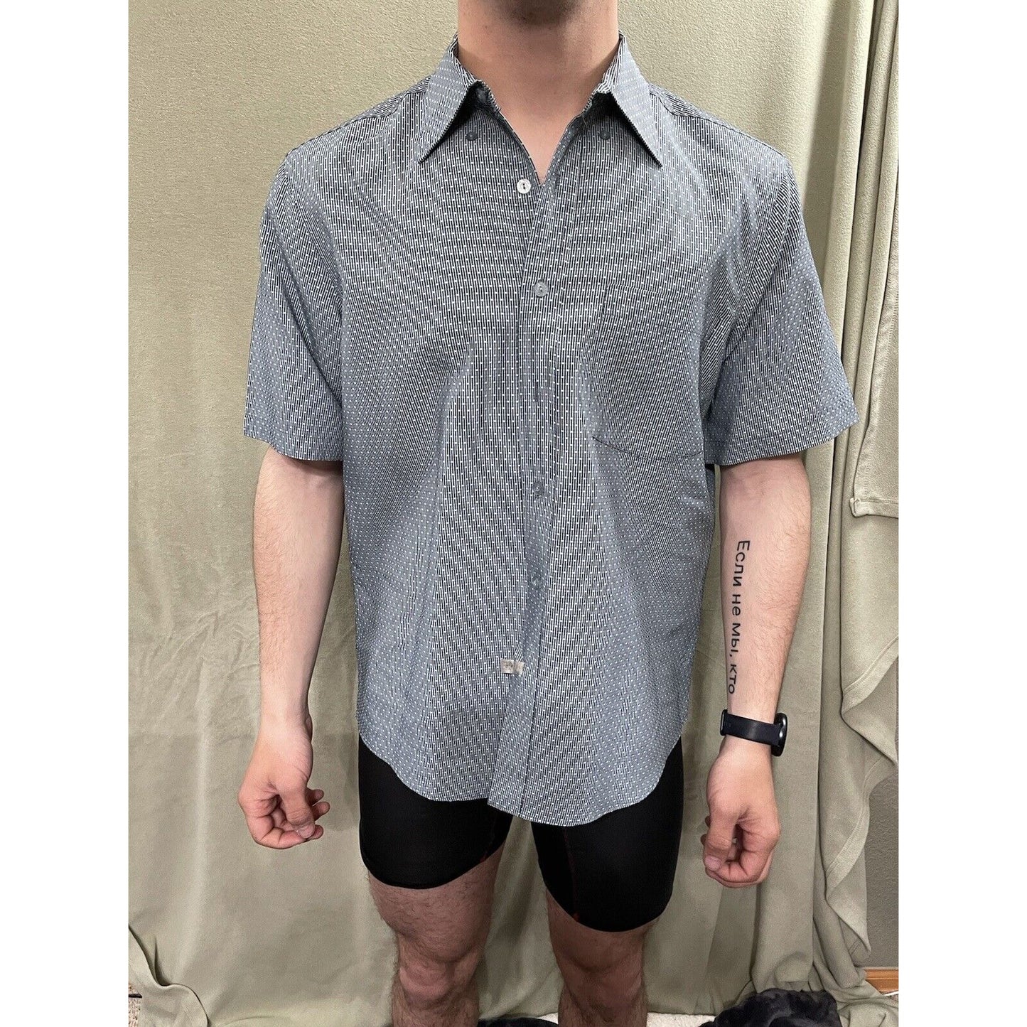 Men’s Bugatchi Uomo Medium Short Sleeve Green Gray Button Up Shirt