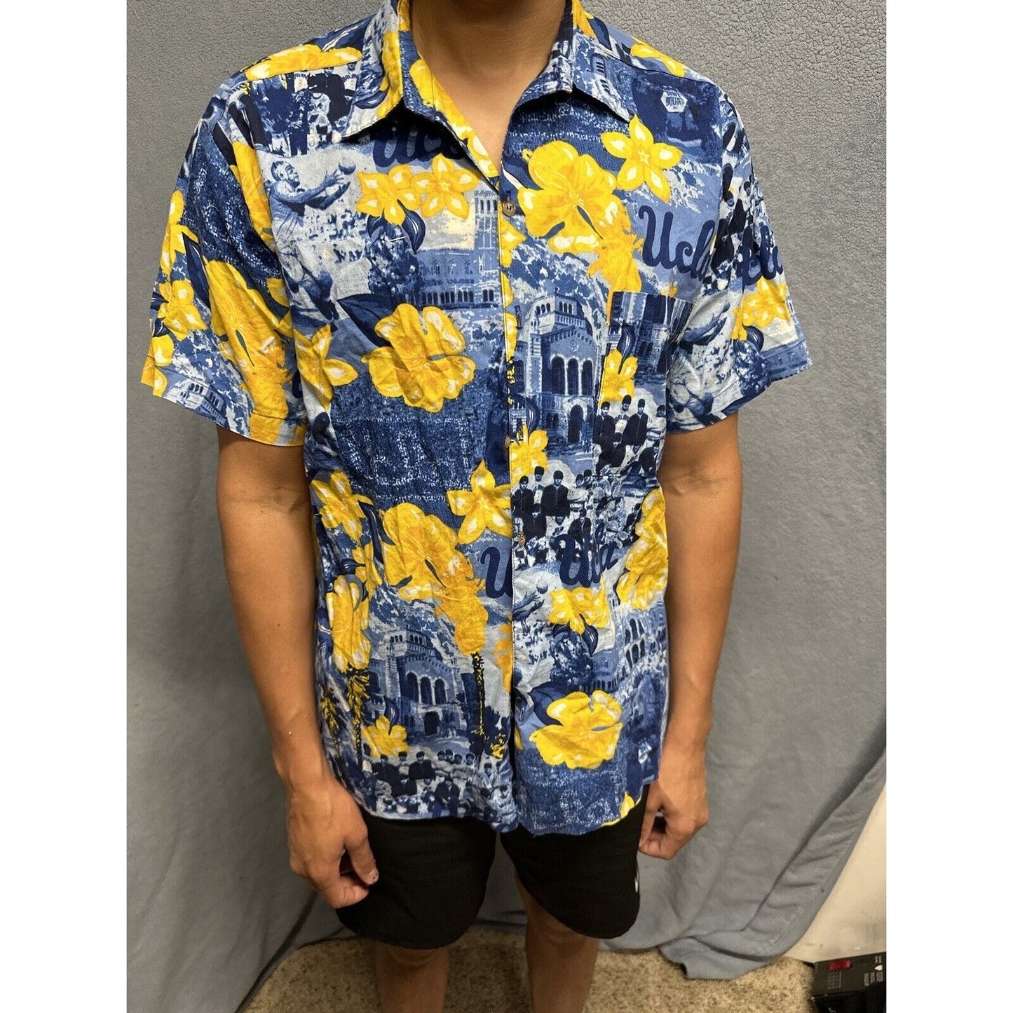 Men’s Medium Social Awearness Blue Yellow UCLA Button Up Shirt Short Sleeve