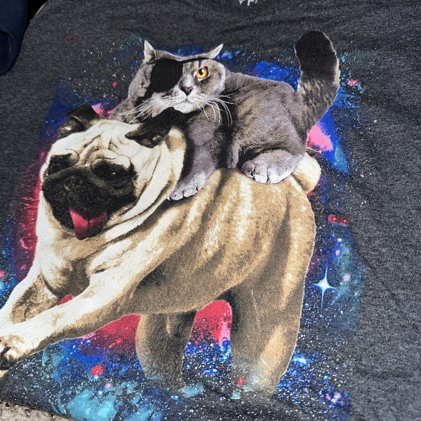 Men’s Gray Fifthsun Medium Tshirt Pug And Pirate Cat In Space