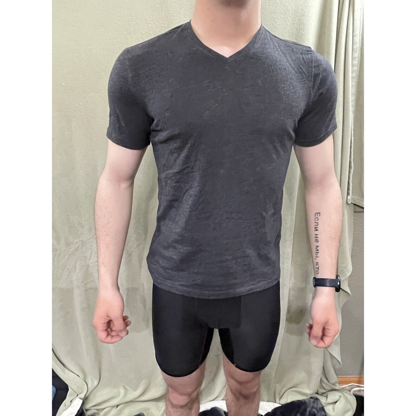 Alfani Men's Slim Fit Tee Shirt Small Cotton Polyester Charcoal Gray V-Neck