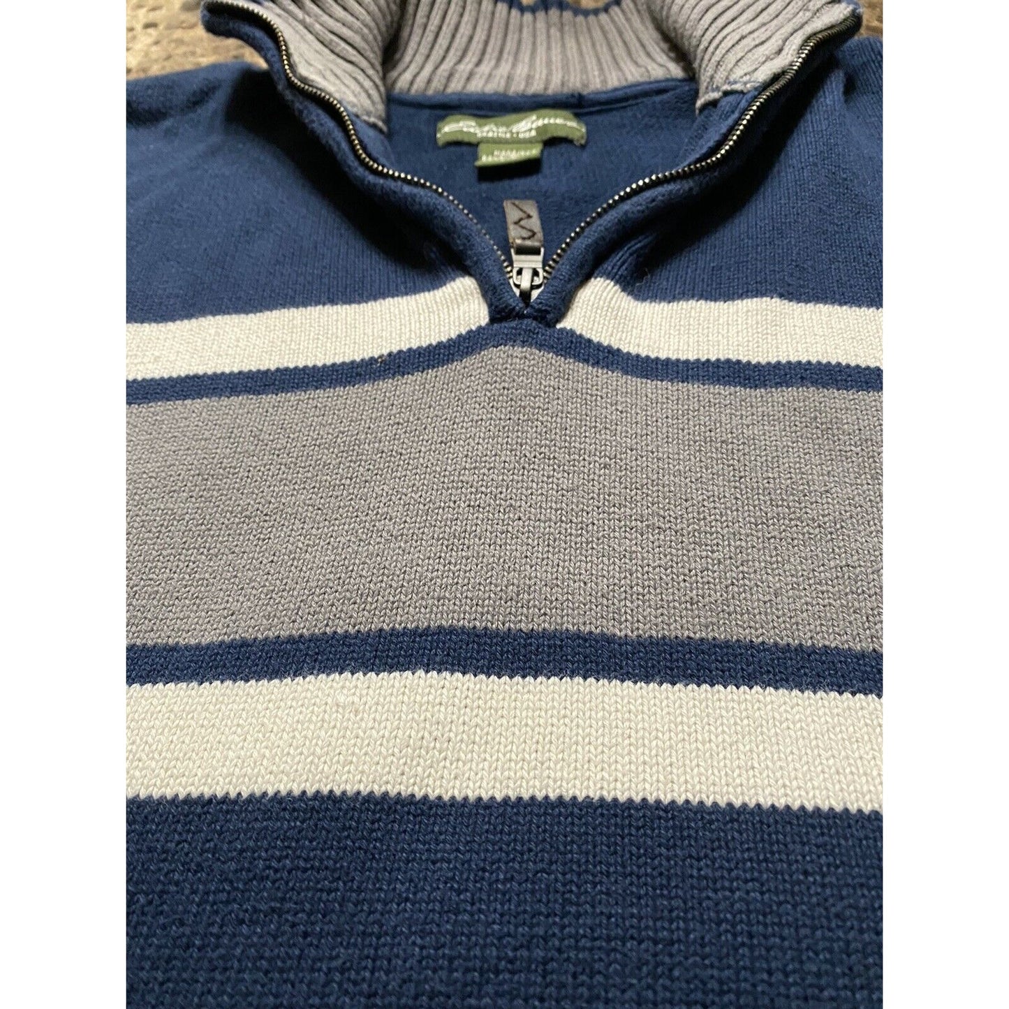 Eddie Bauer Men’s Large Navy Blue with Gray Band 1/4 Zip Pullover Sweater