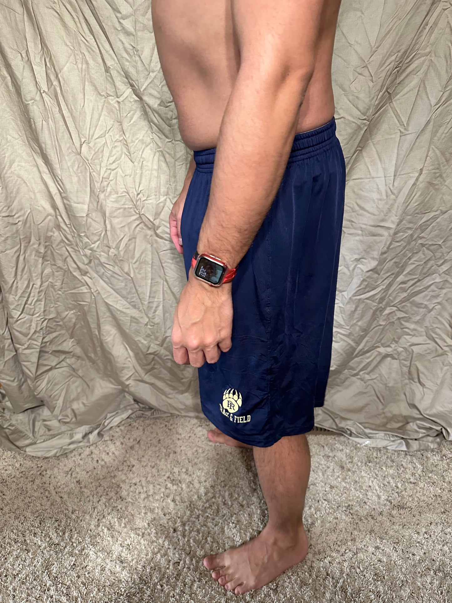 Men’s navy blue under armour heat gear loose shorts athletic no pockets rampart ridge high school track and field