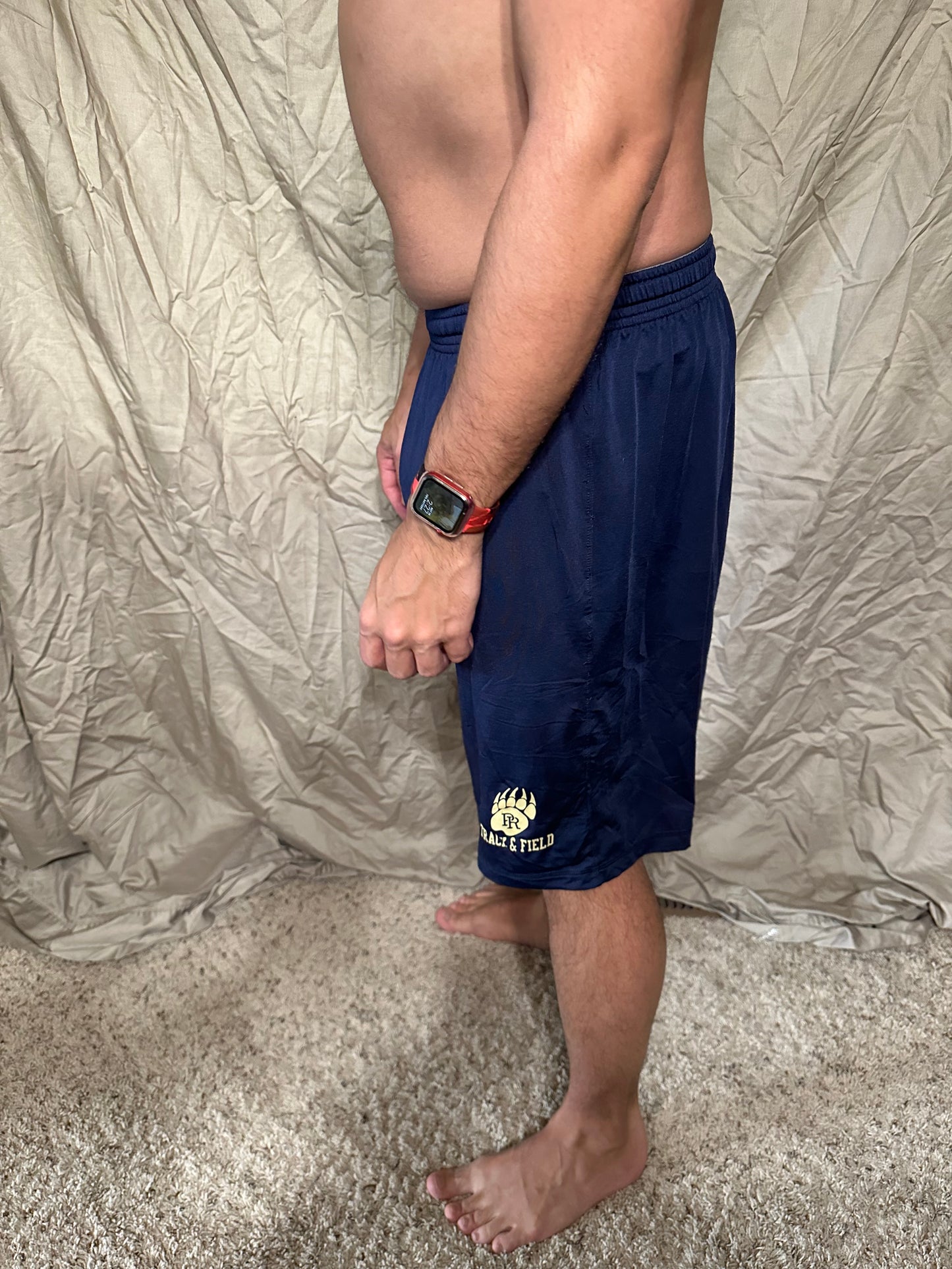 Men’s navy blue under armour heat gear loose shorts athletic no pockets rampart ridge high school track and field