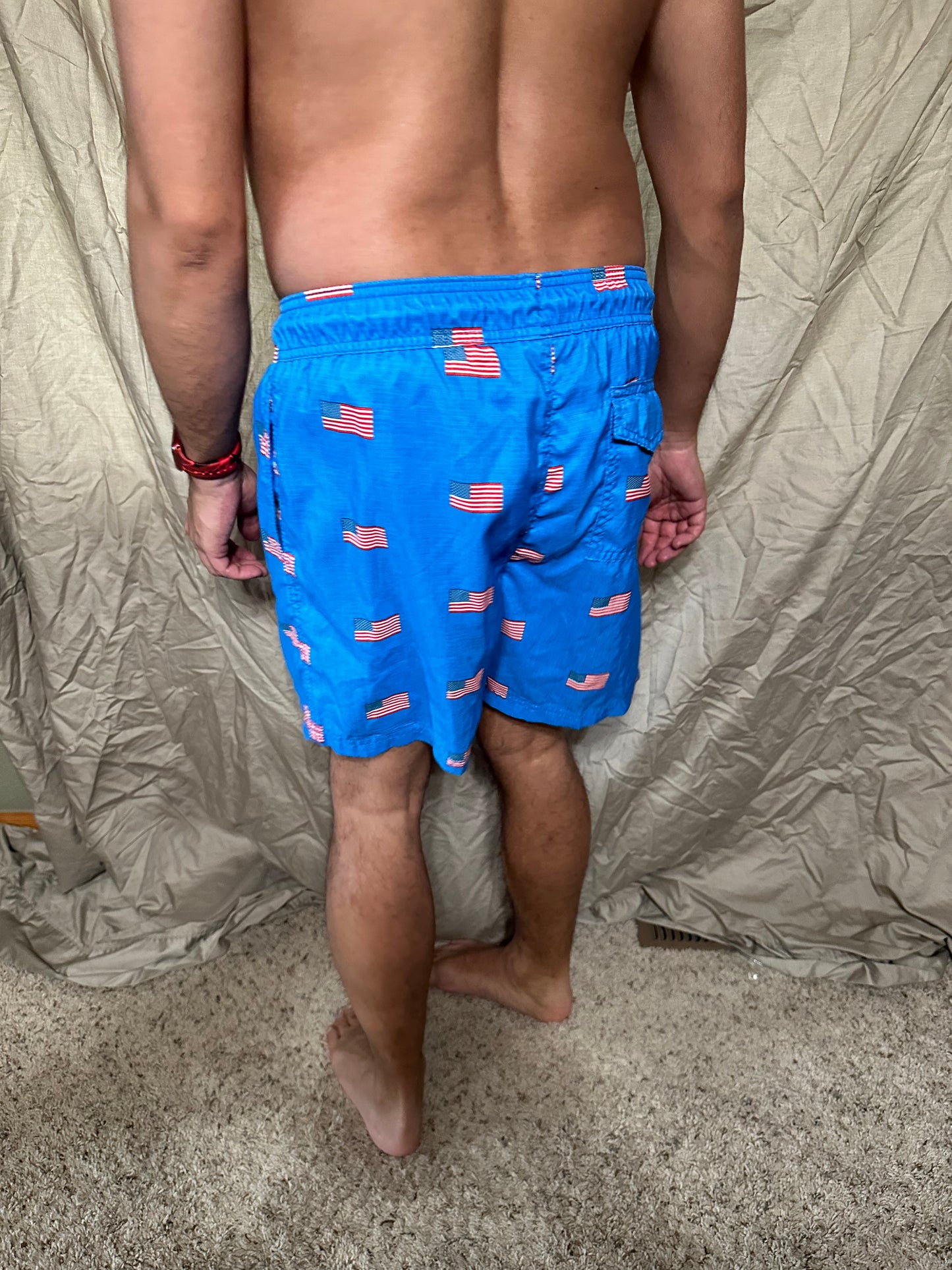 Men’s blue American flag patriotic size medium bathing suit with lining and pockets us apparel