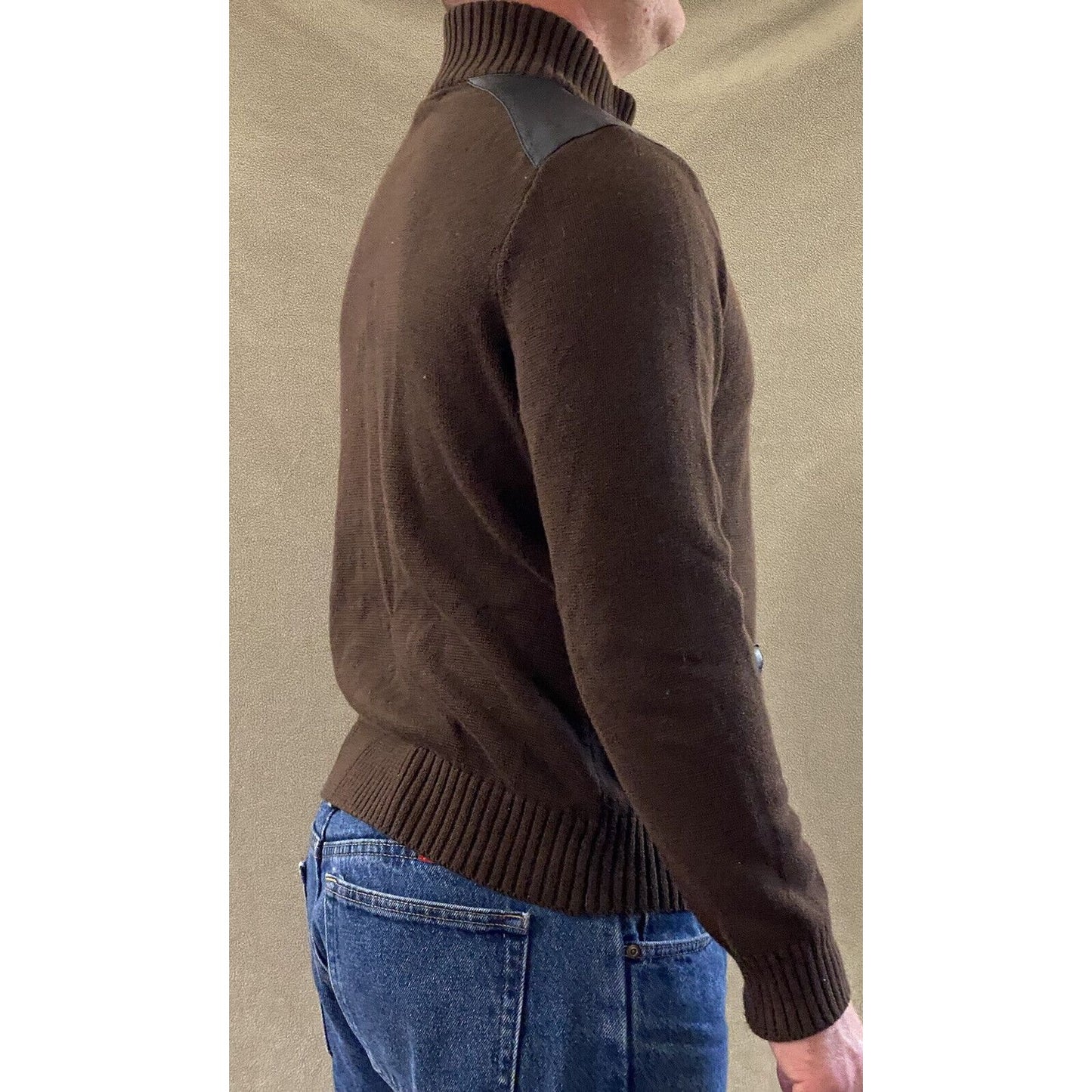 Chaps Men’s XL Chocolate Brown Full-zip Cotton Sweater w/ Black Leather Padding