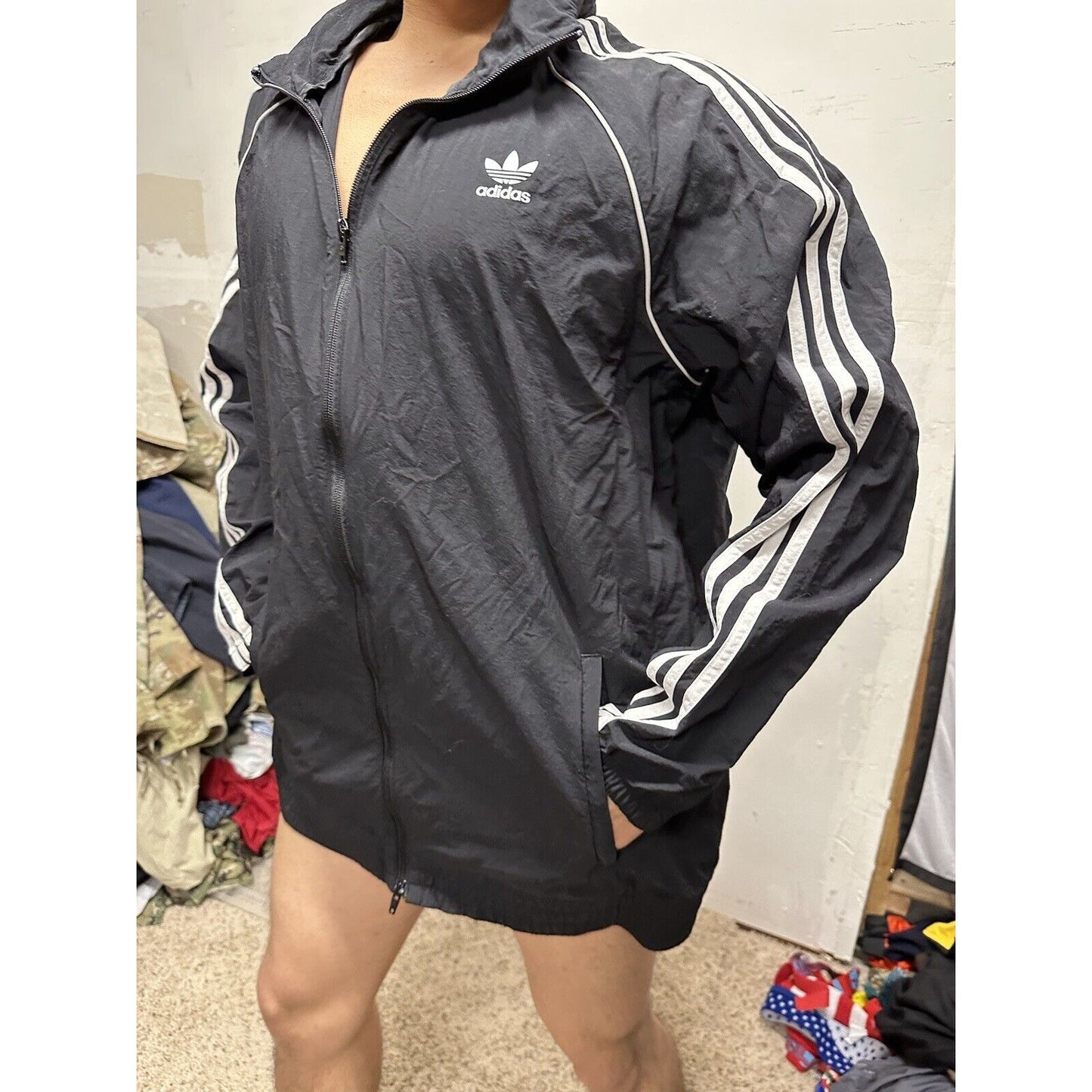 Adidas Men's Full Zip Hoodie Black /White Stripe