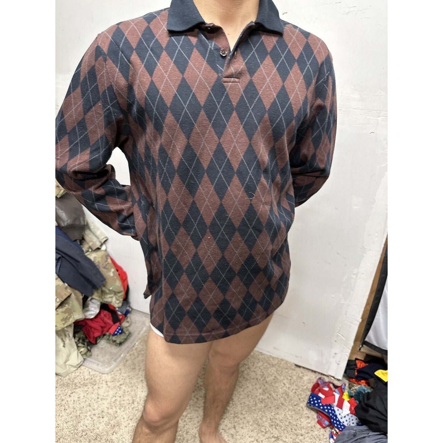 Men’s Vanheusen Medium Brick Red Black Long Sleeve Polo Shirt