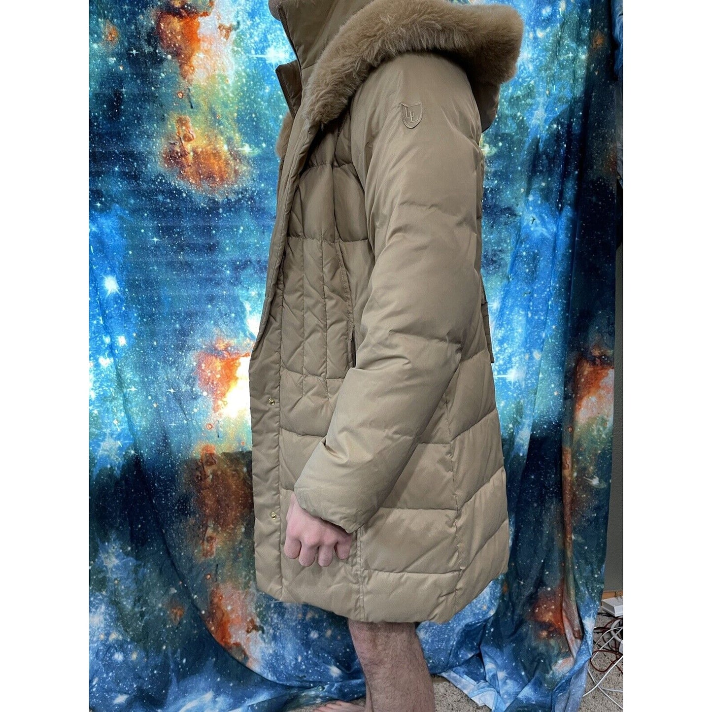 Larry Levin Women's Large Tan Puffy Snap jacket Down Faux Fur