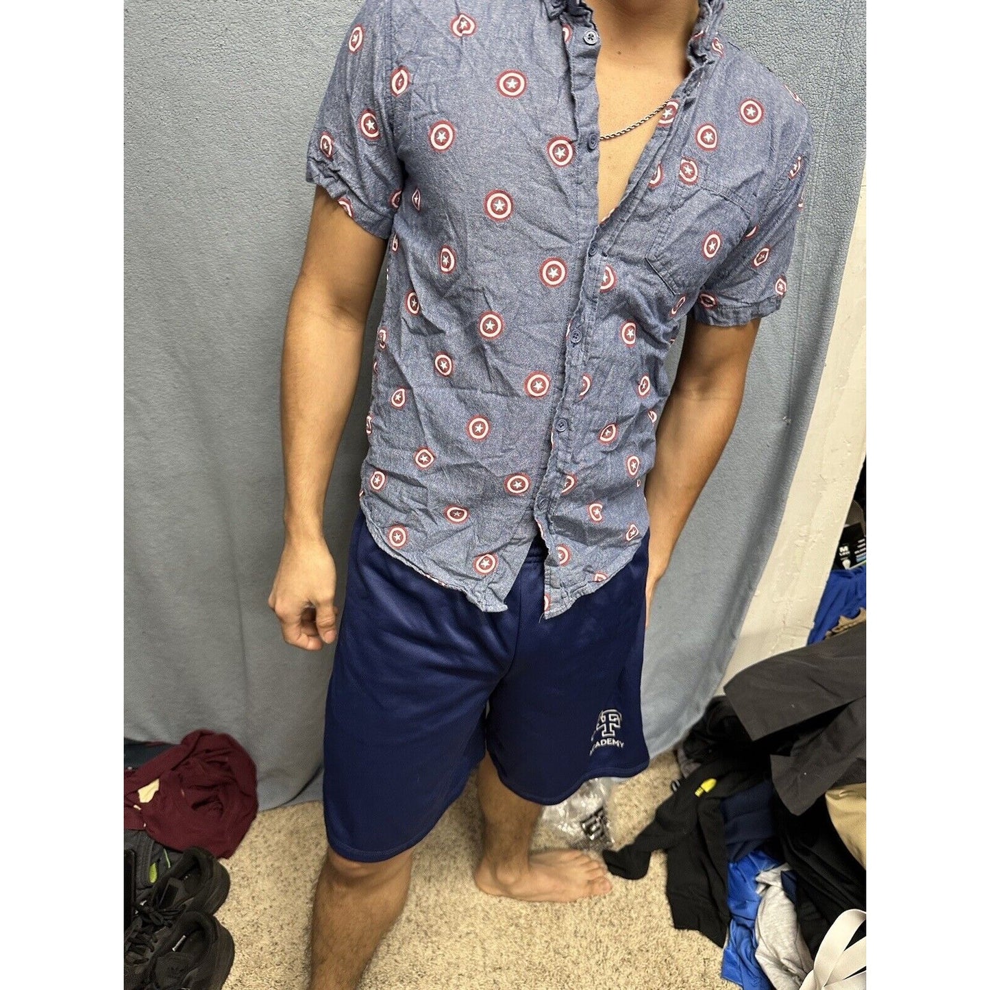 Men’s Button Up Short Sleeve Blue Marvel Small Captain America Shirt