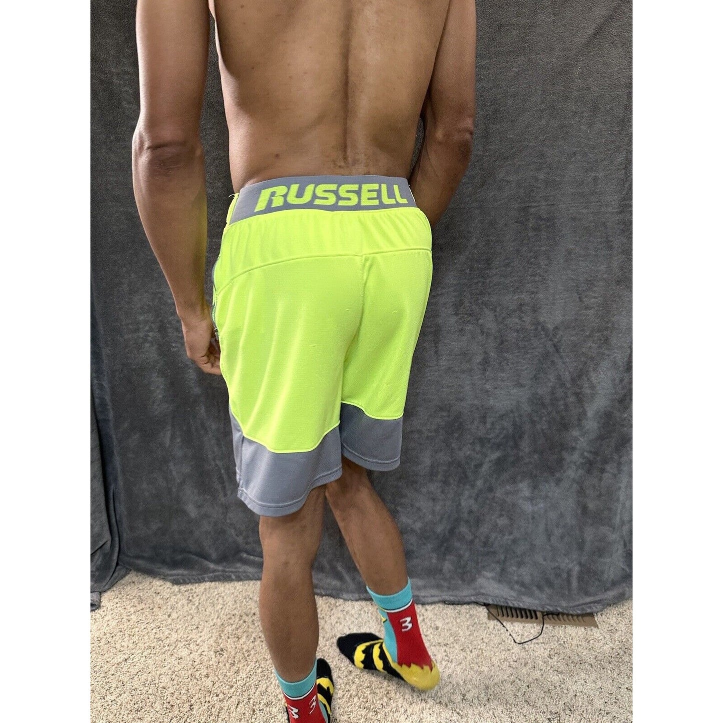 Men’s Neon Yellow Russell Athletic Shorts Zippered Pockets Medium