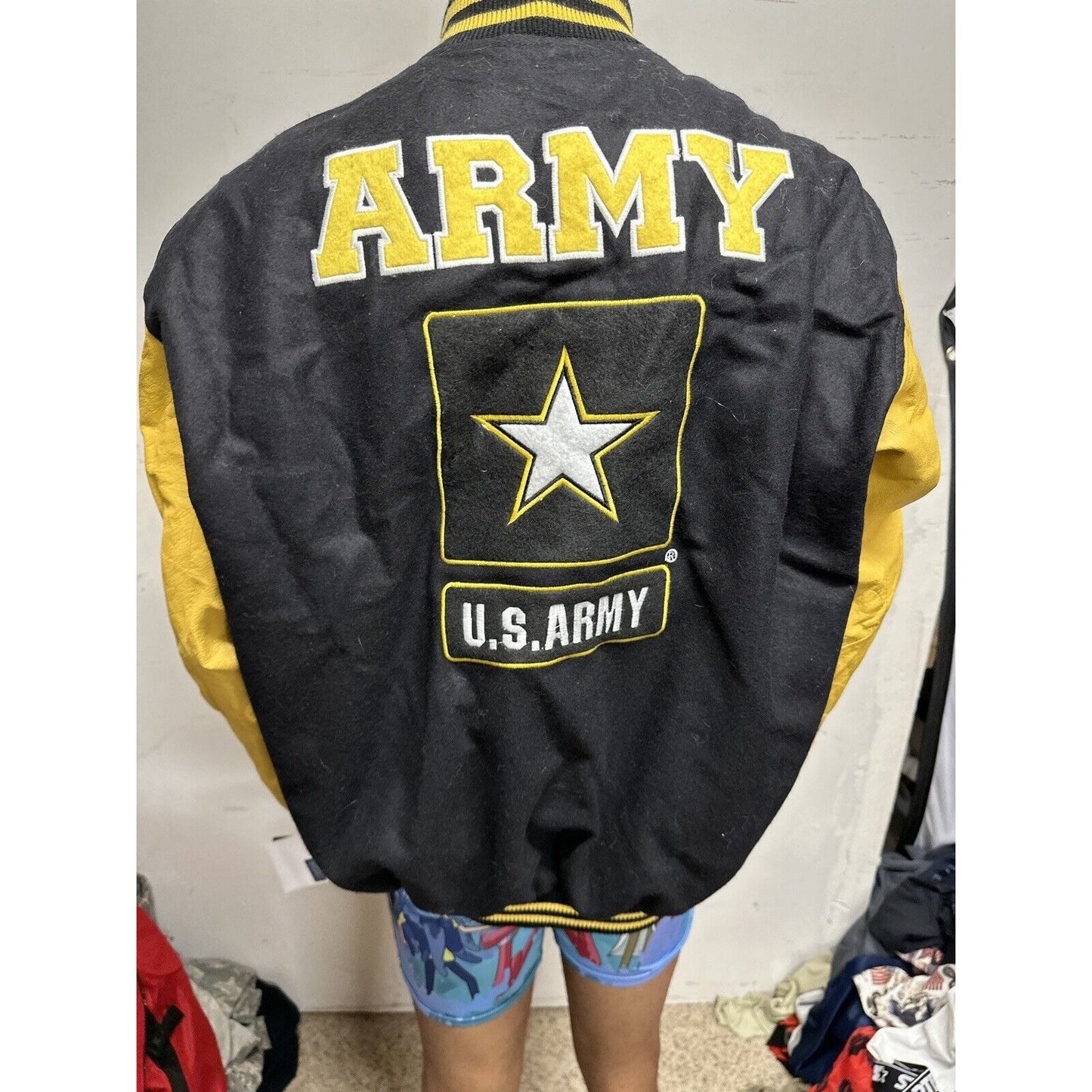 Men’s 2XL JWM Us Army Varsity Style Leather Wool Snap Up Jacket