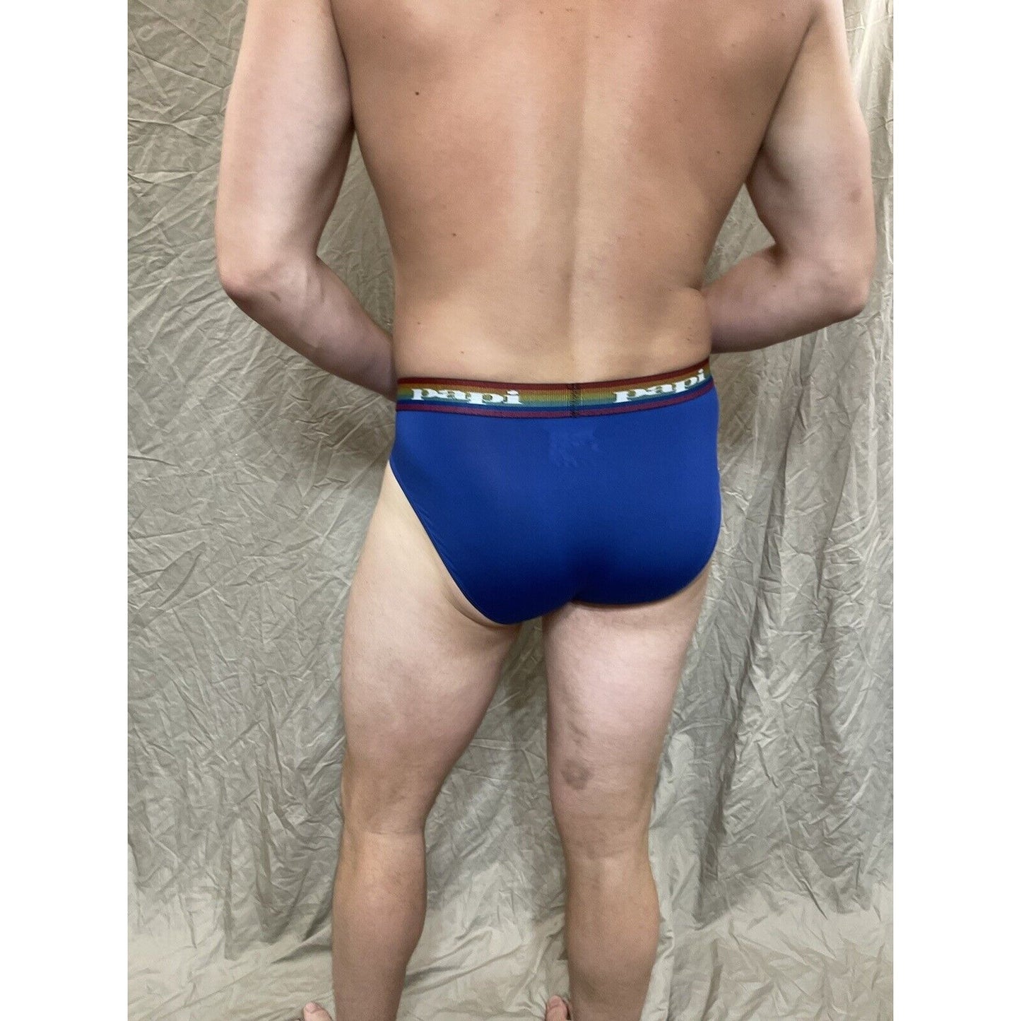 men's Blue rainbow pride papi brief 8% spandex XL