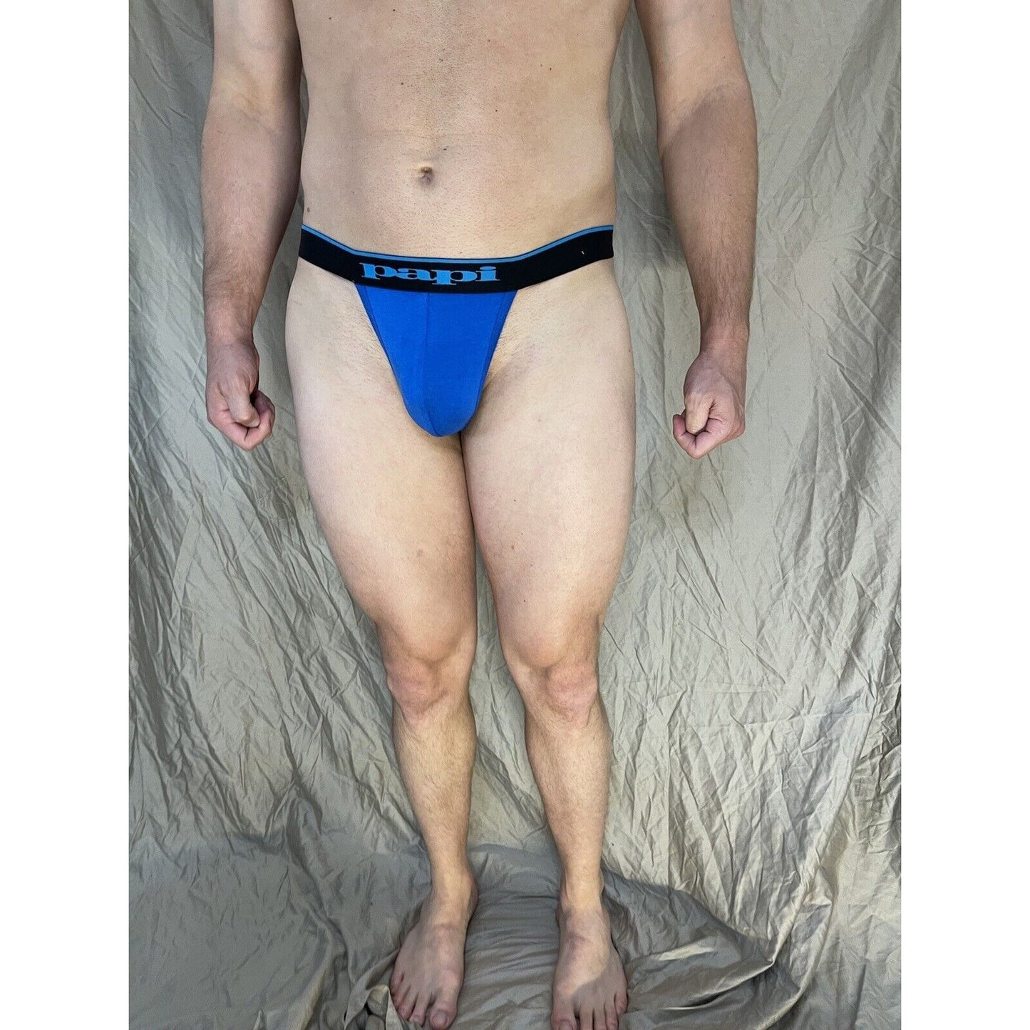 men's papi Royal Blue Thong with Aqua lettering Small