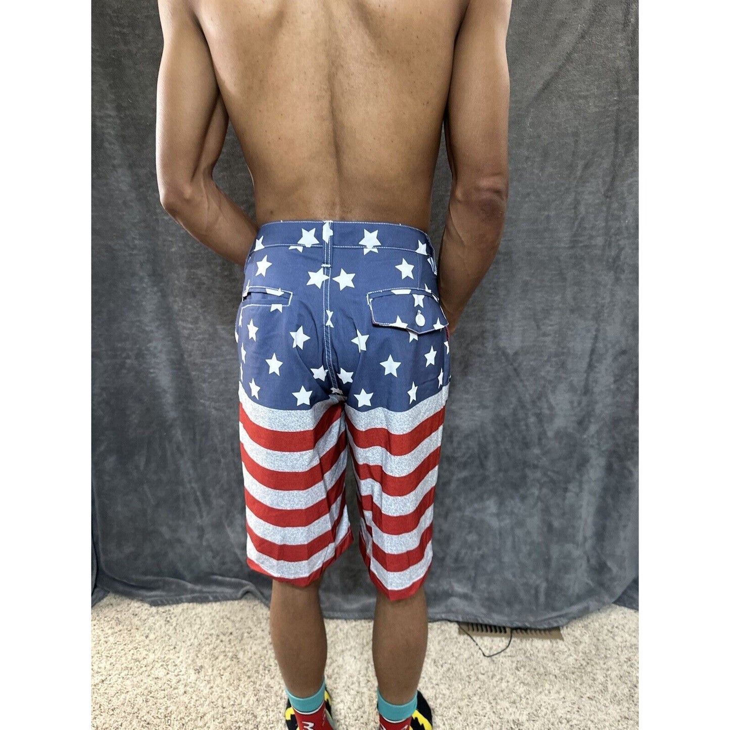 Men’s Palmwave Size 34 Patriotic Board Shorts Poly Spandex 4 Way Stretch