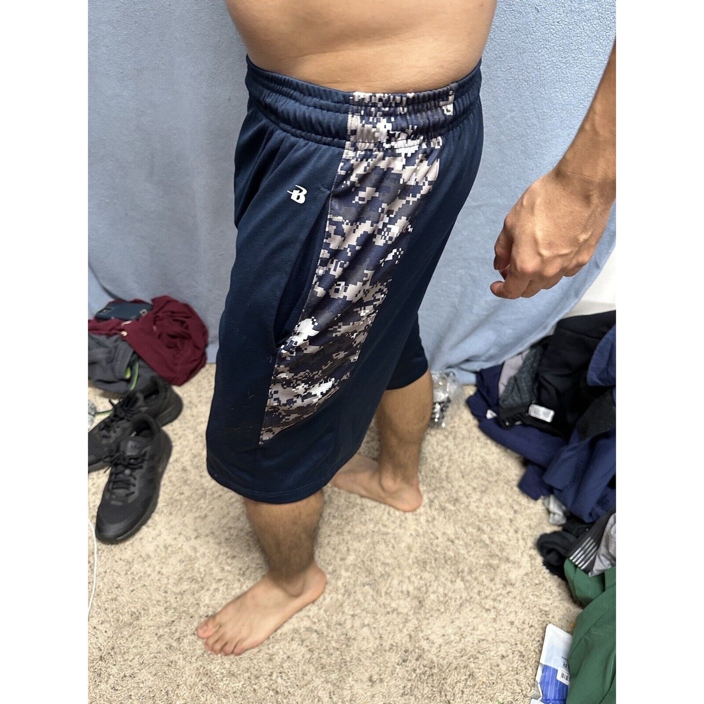 Men’s Badger Sport Small Dark Blue Camo Athletic Shorts With Pockets
