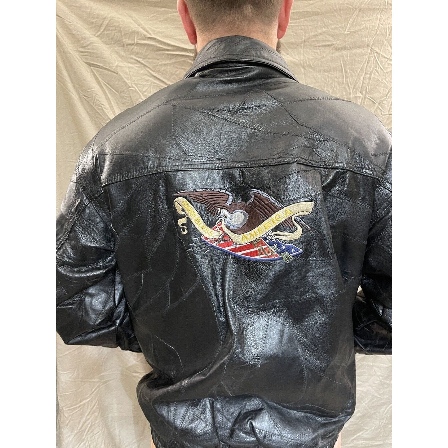 Men's XL genuine leather god bless america black Jacket