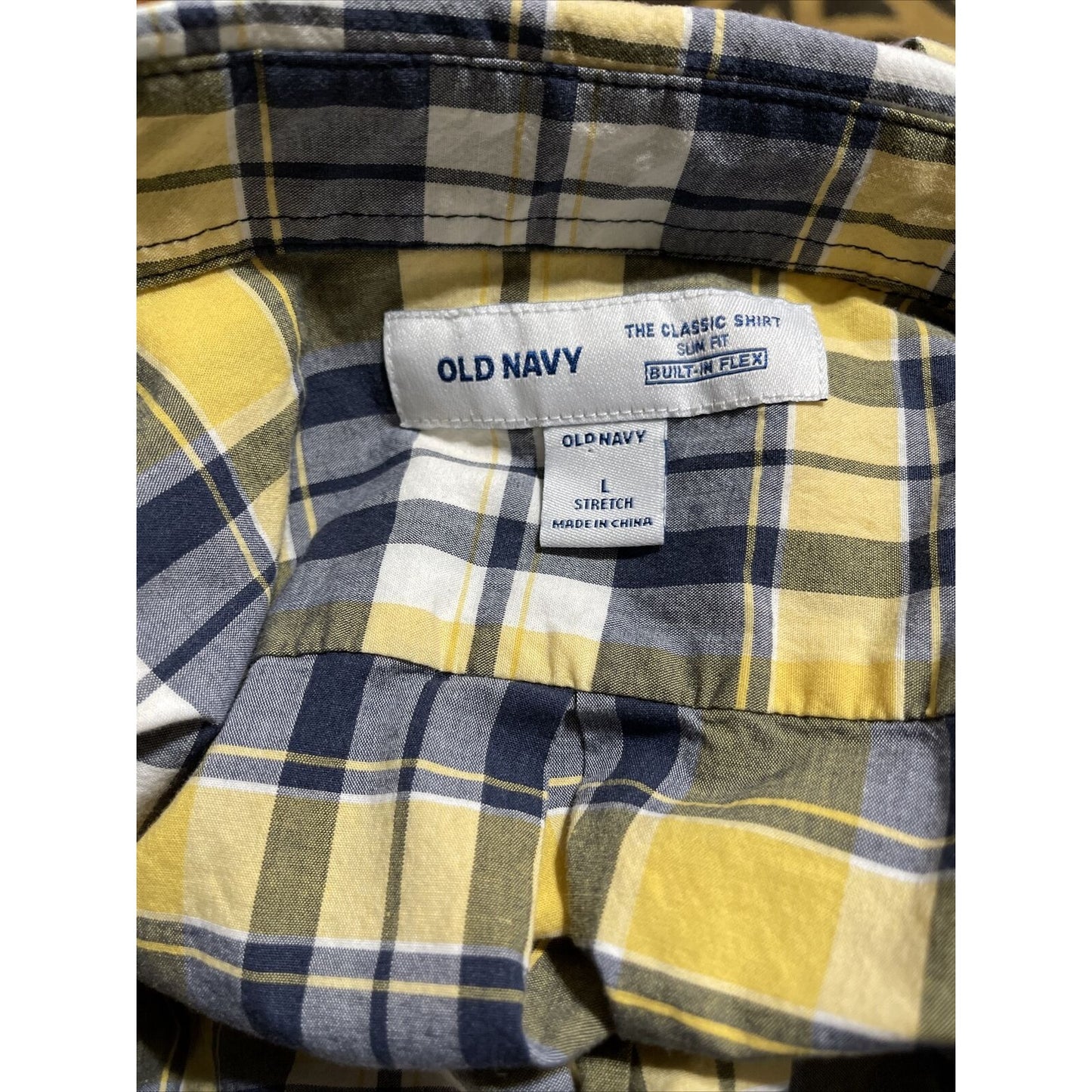 Old Navy Men’s Classic Shirt Stretch Built In Flex Yellow Blue Plaid Large