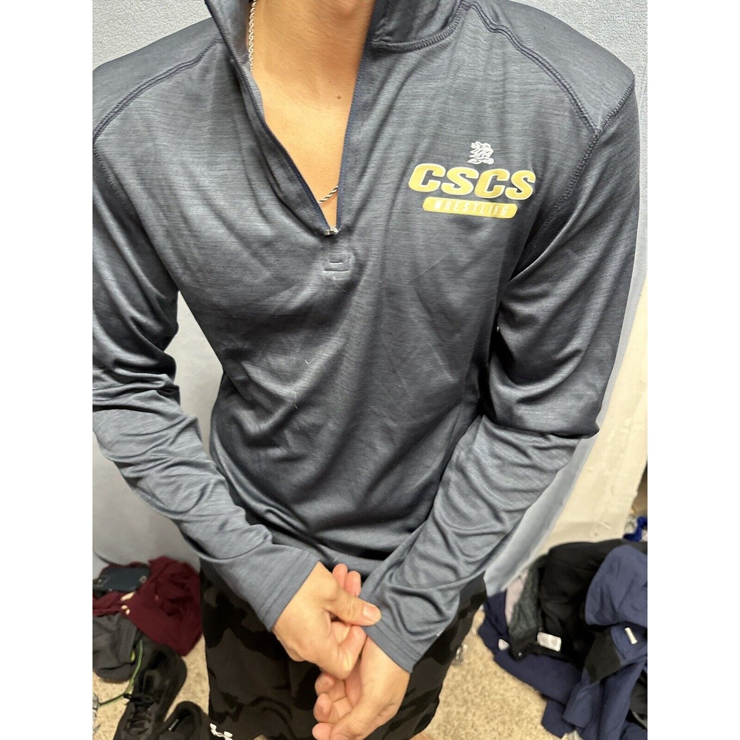 Men’s Gray Navy Blue CSCS Wrestling BSN Sports Medium Pullover 1/4 Zip
