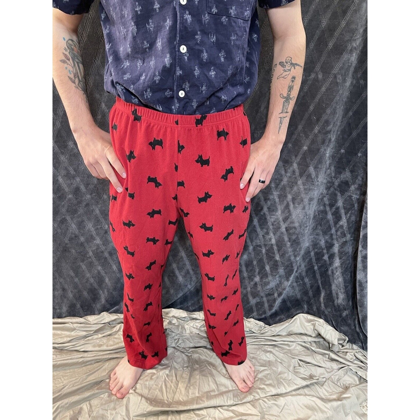 men’s medium long croft and borrow doggy lounge sleep pants dog red