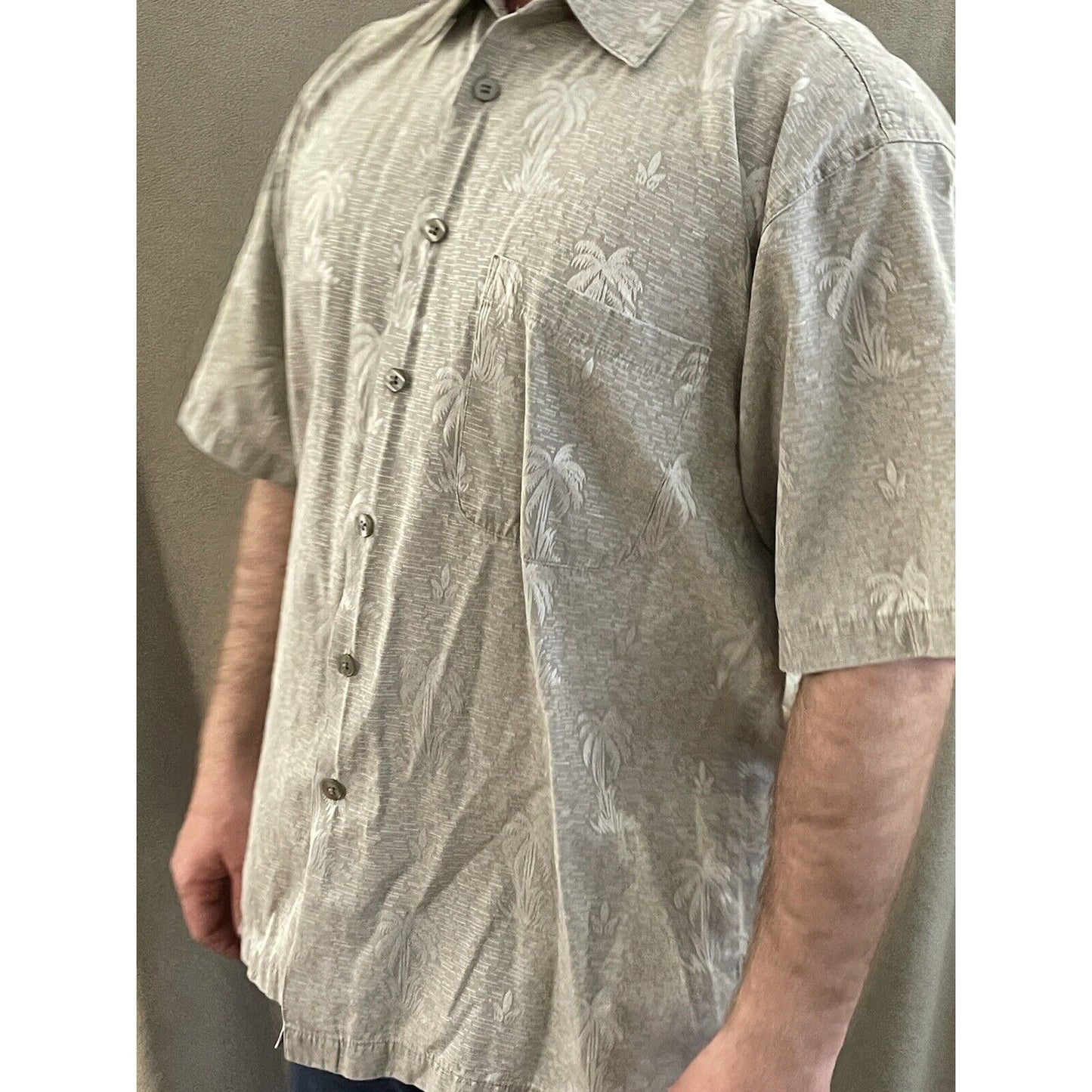 FADED GLORY MEN'S SZ L (42-44) Beige SHORT SLEEVE HAWAIIAN PALM TREES POCKET