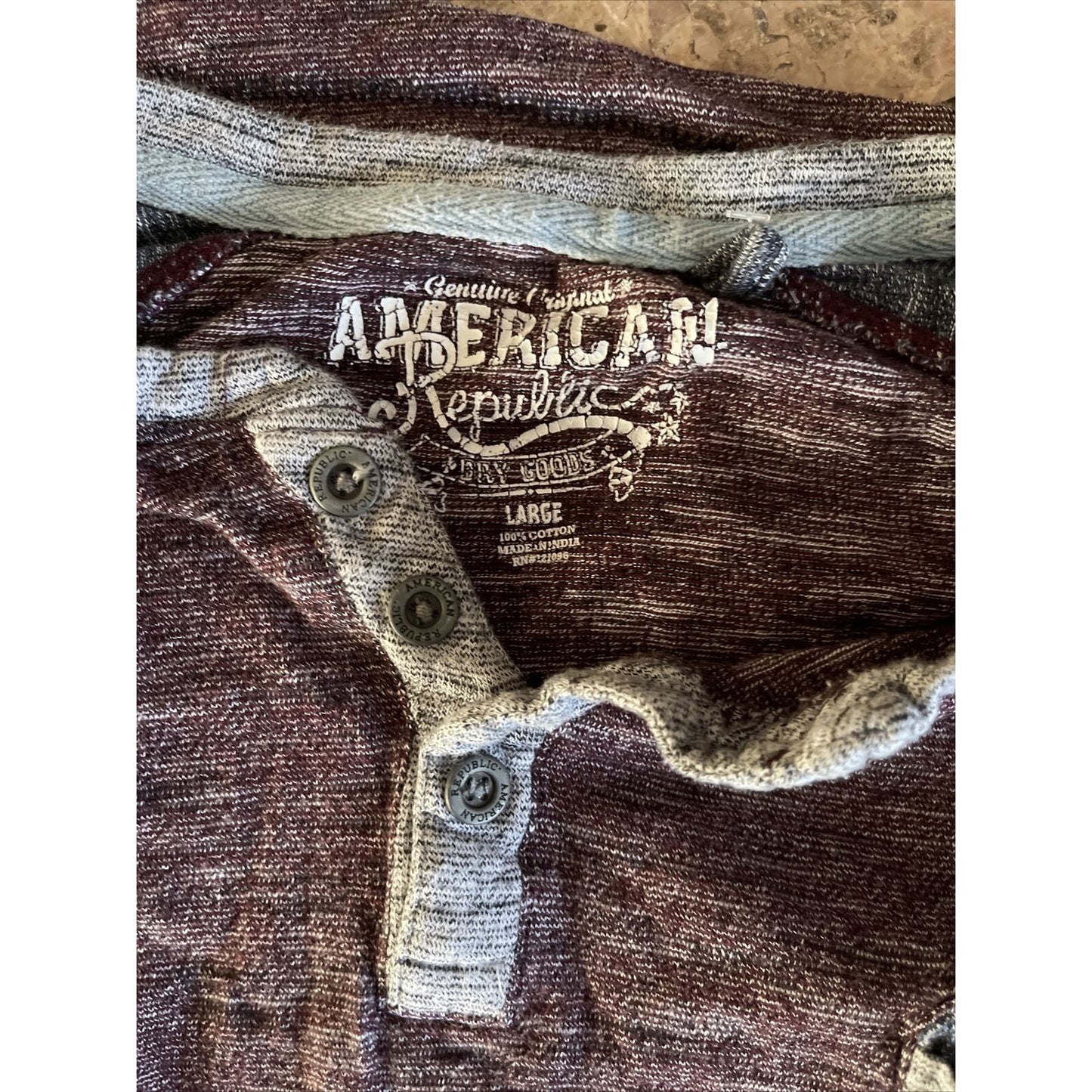 men's american republic large short sleeve button t-shirt maroon and gray