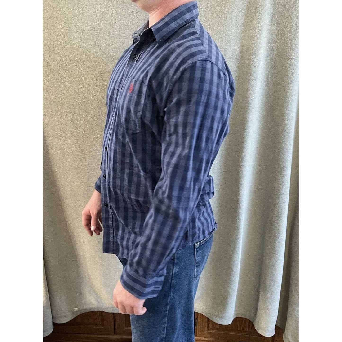 US Polo Assn men long slv Plaid BLUE Button-Front SHIRT stretch cotton