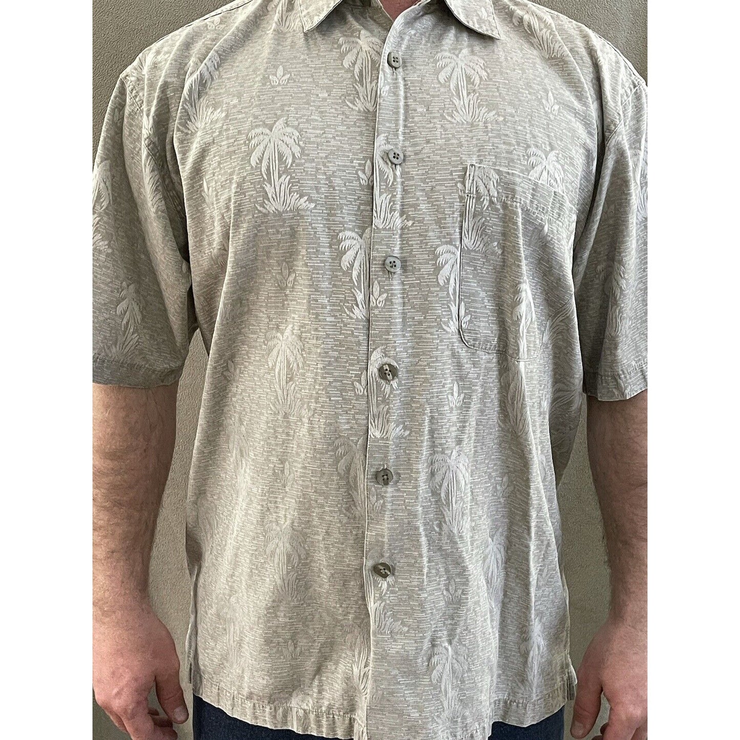 FADED GLORY MEN'S SZ L (42-44) Beige SHORT SLEEVE HAWAIIAN PALM TREES POCKET