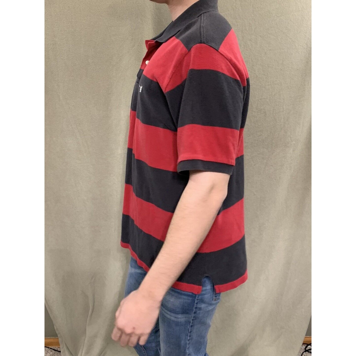 Mens American Eagle Logo Red & Black Striped Polo Short Sleeve Shirt Large