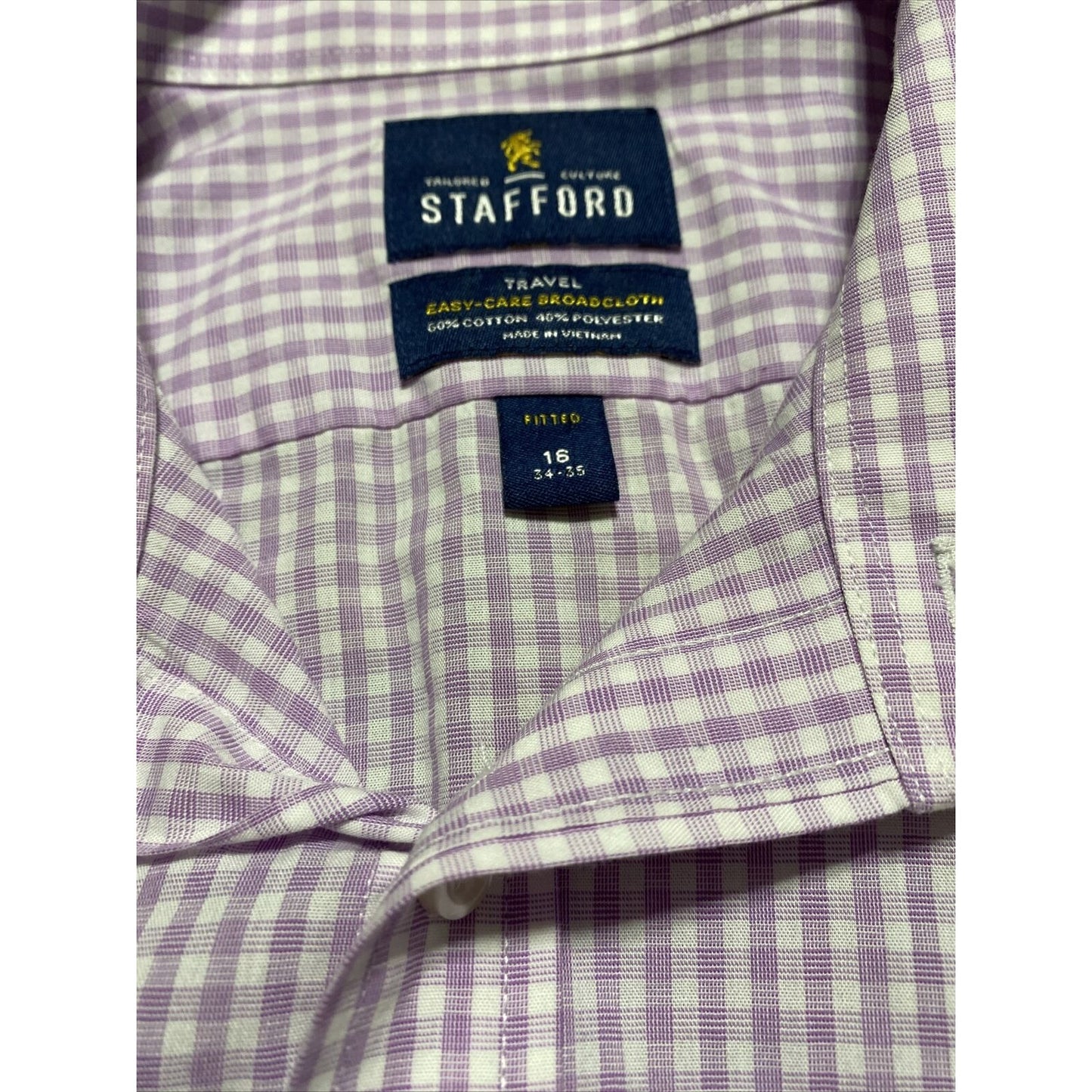 Stafford Travel Easy-care Broadcloth Mens Sz 16 Lilac Plaid Checks Long Sleeves