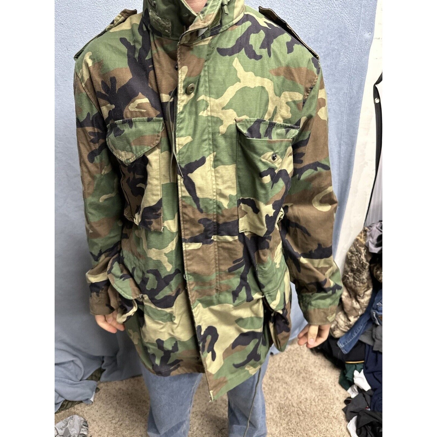 Men’s Large Regular Vintage BDU Uniform Cold Weather Field Jacket Woodland Camo