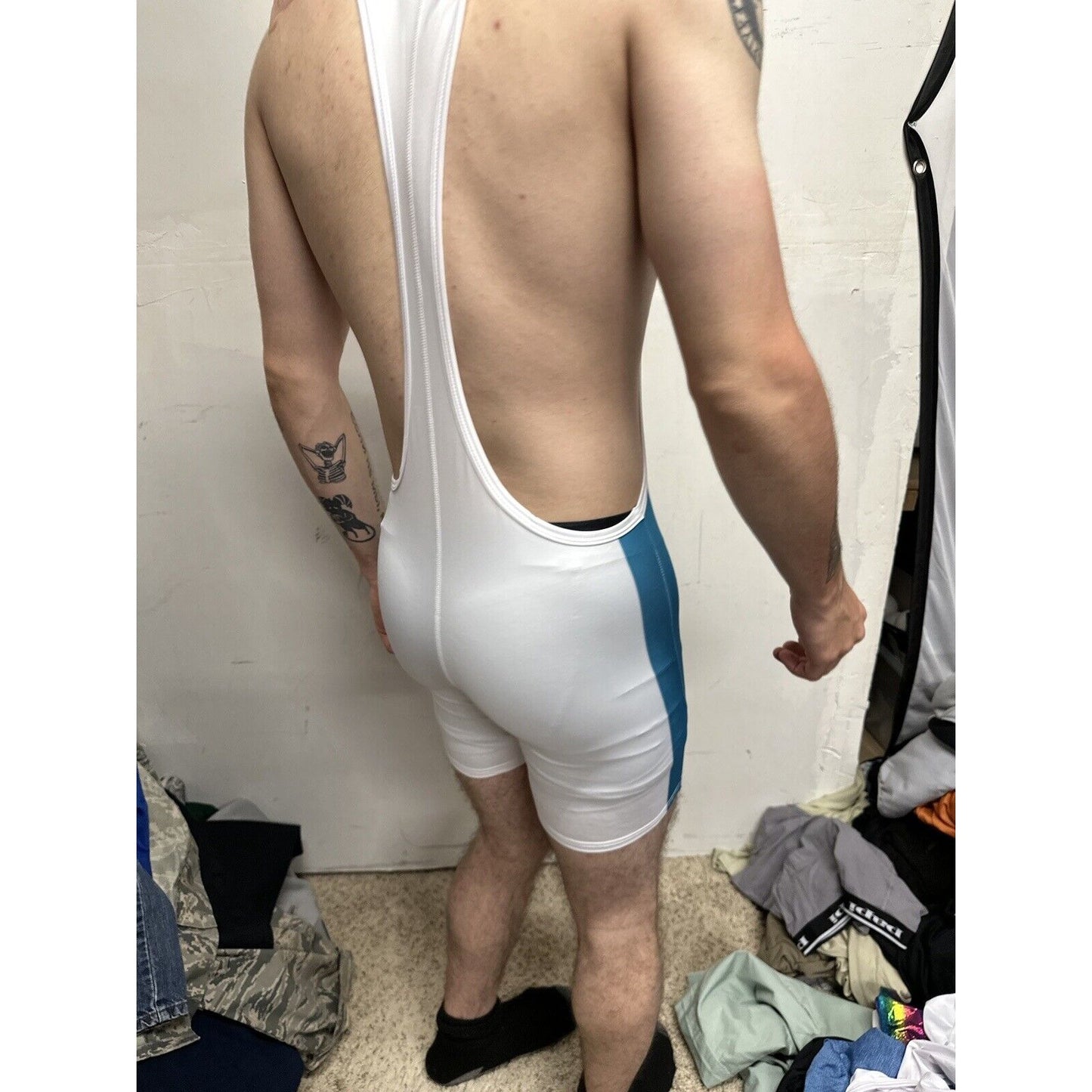 Men’s Tauwell White And Aqua Wrestling Singlet Large
