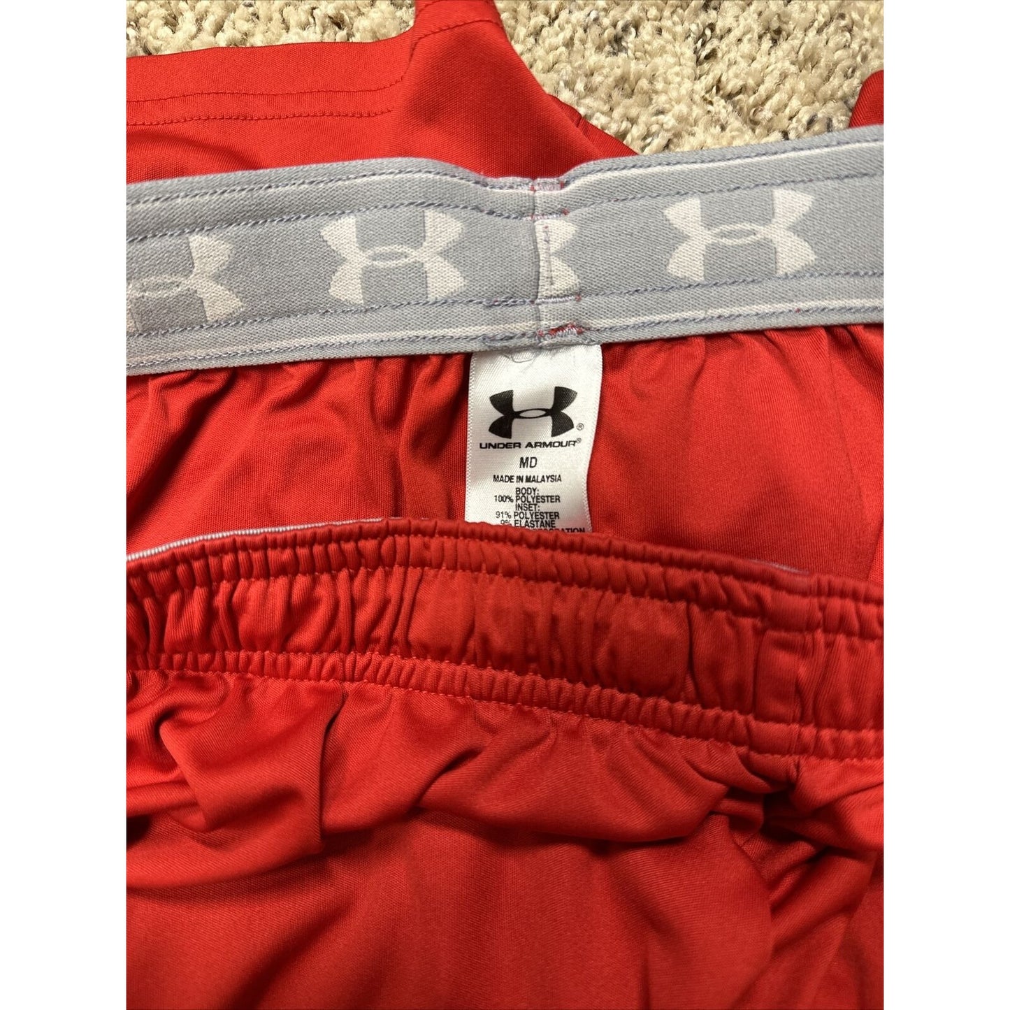 men’s medium under armour red and white athletic shorts